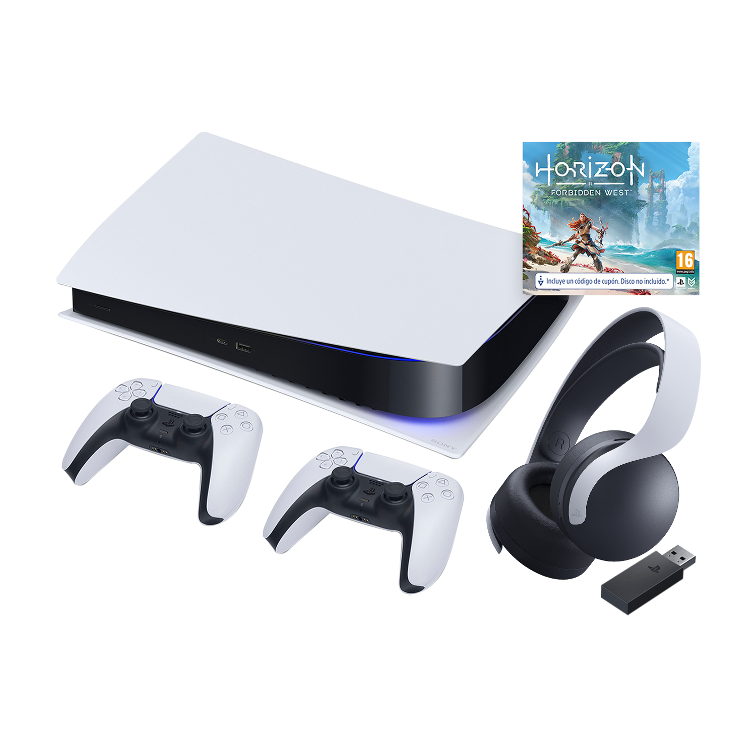 PlayStation 5 con dos mandos, unos auriculares y el juego Horizon Forbidden West. Consola y mandos blancos.