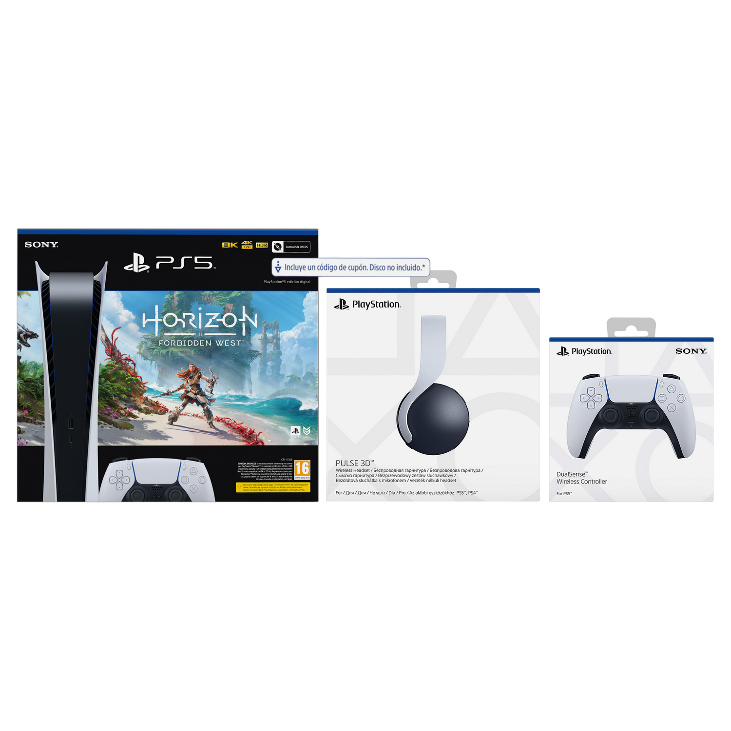 Consola PlayStation 5, juego y accesorios, sobre fondo blanco.