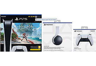 Consola - Sony PS5 Digital Edition, 825GB, 4K, HDR, Blanco + Sony Pulse 3D + 2 DualSense™ Wireless Controller + Horizon Forbidden West (Código)