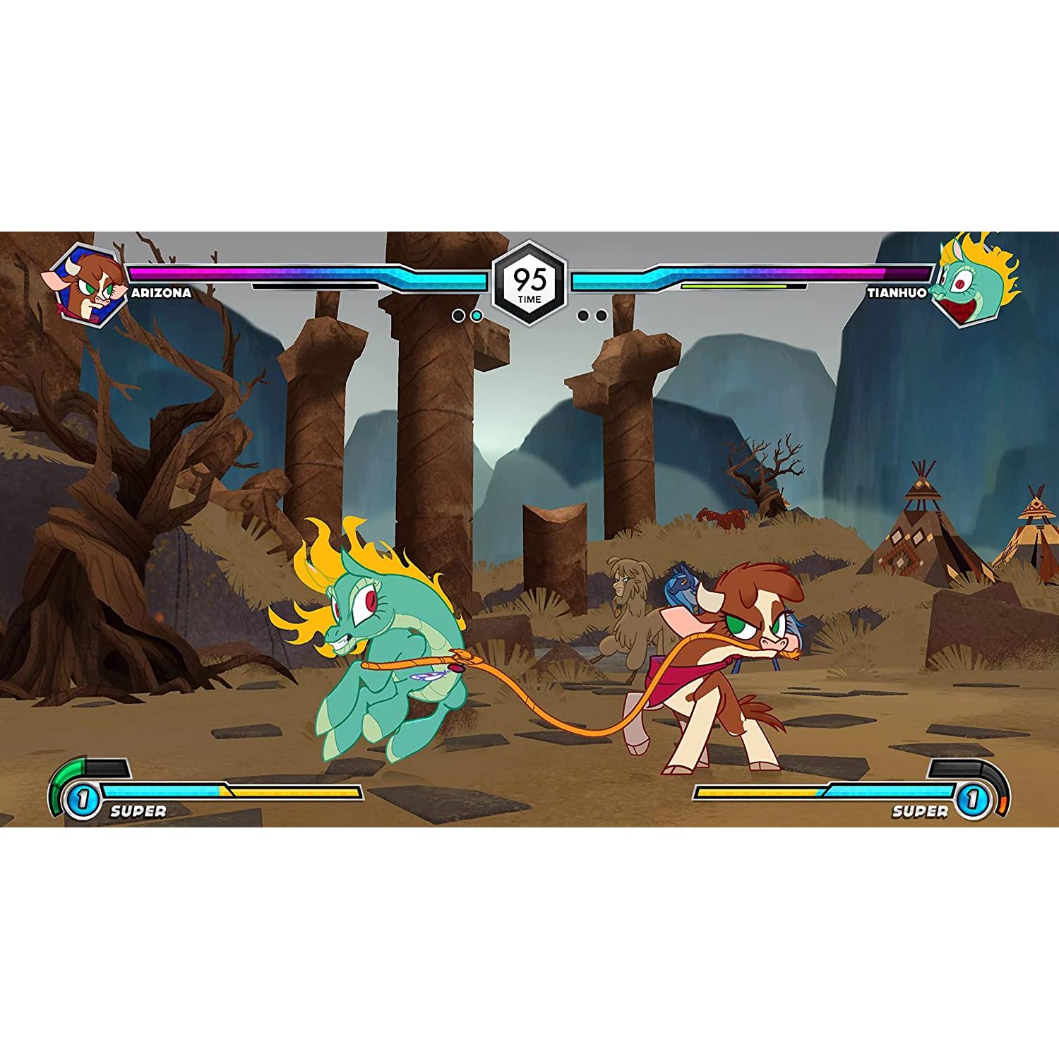 Una escena de videojuego con dos personajes de dibujos animados luchando. El fondo es un paisaje animado.