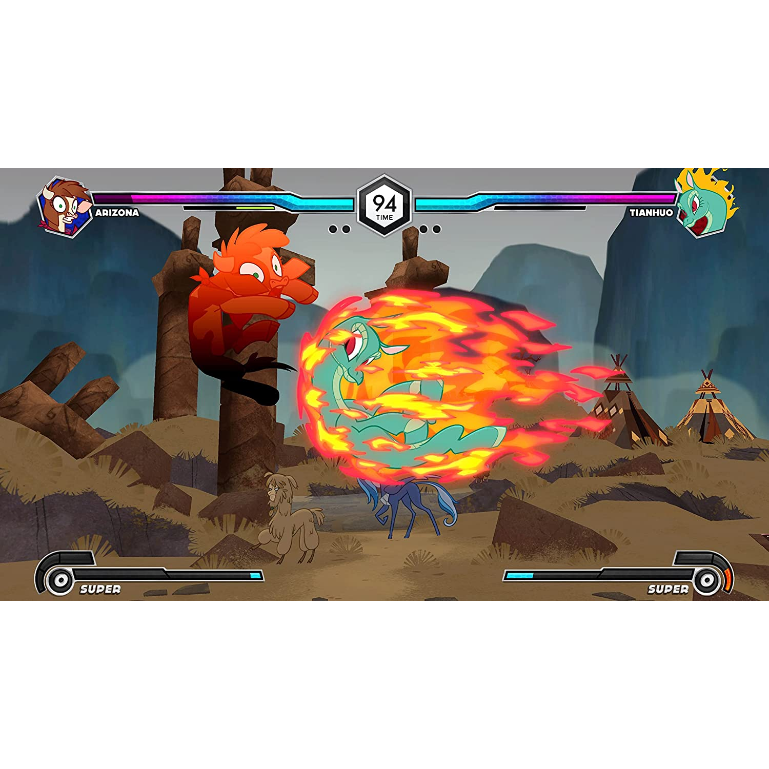 Escena de juego de lucha: Dos personajes en un choque ardiente. Barra de puntuación y tiempo arriba.