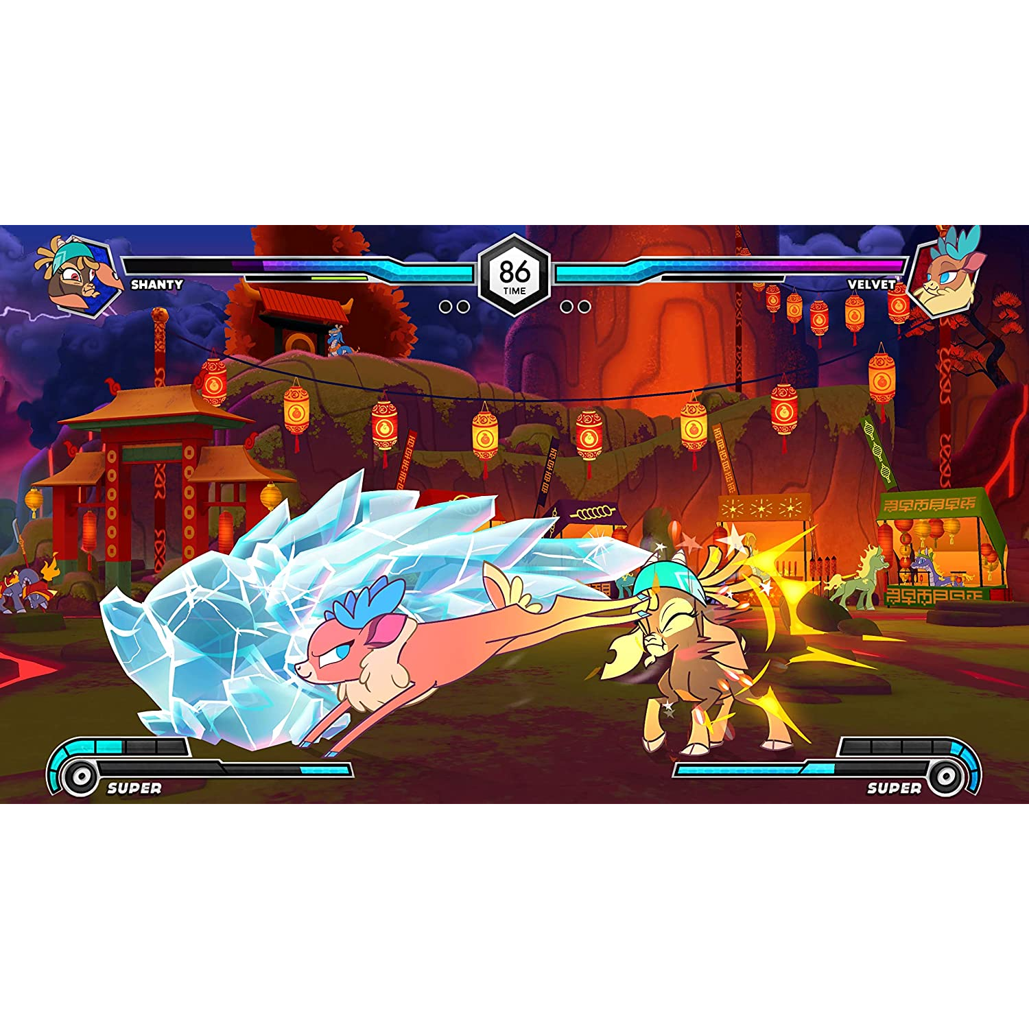Escena de videojuego. Dos personajes de dibujos animados luchando. Fondo colorido con linternas.