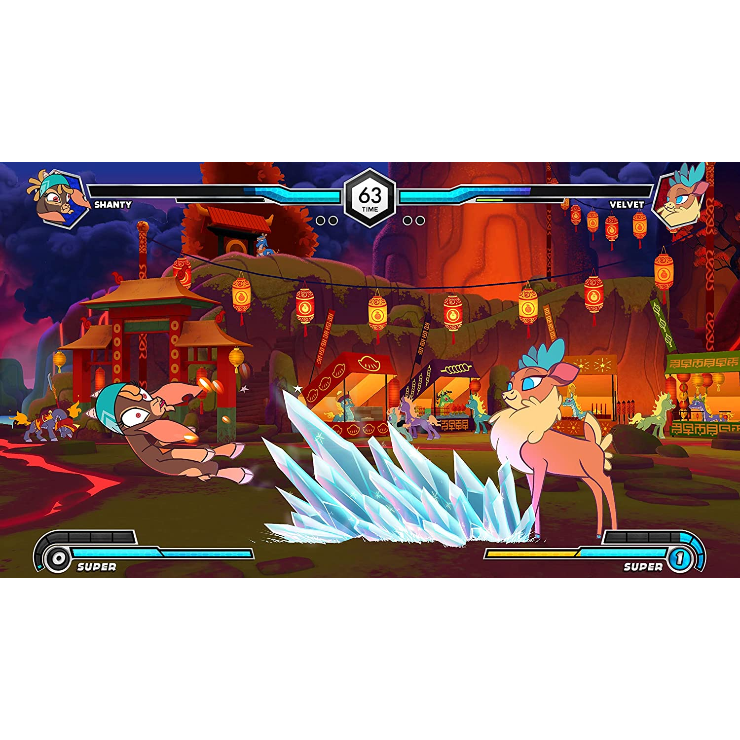 Una escena de videojuego con dos personajes de dibujos animados luchando en un entorno colorido.