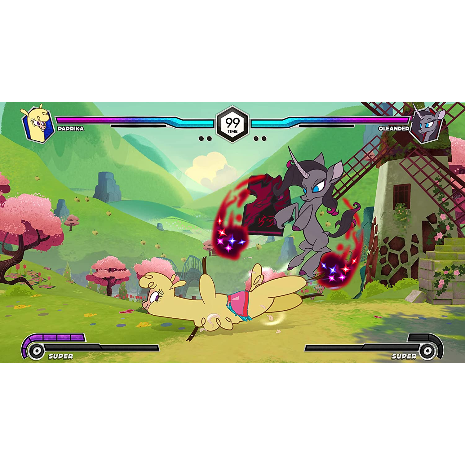 Captura de pantalla de juego con dos personajes de dibujos animados peleando. Temporizador y barras de salud visibles.