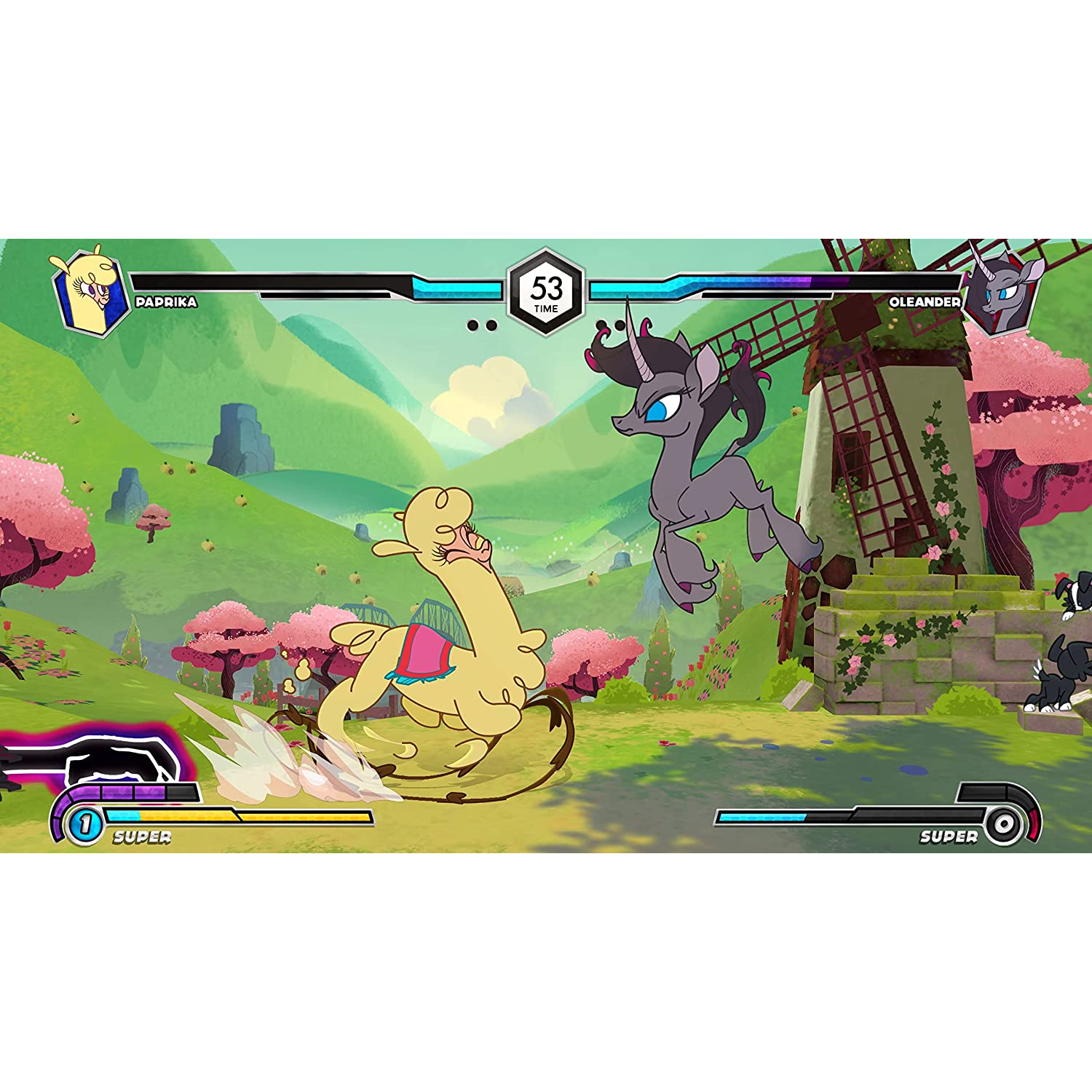 Escena de juego con dos personajes de dibujos animados luchando. Una criatura tipo llama y un pony luchan.