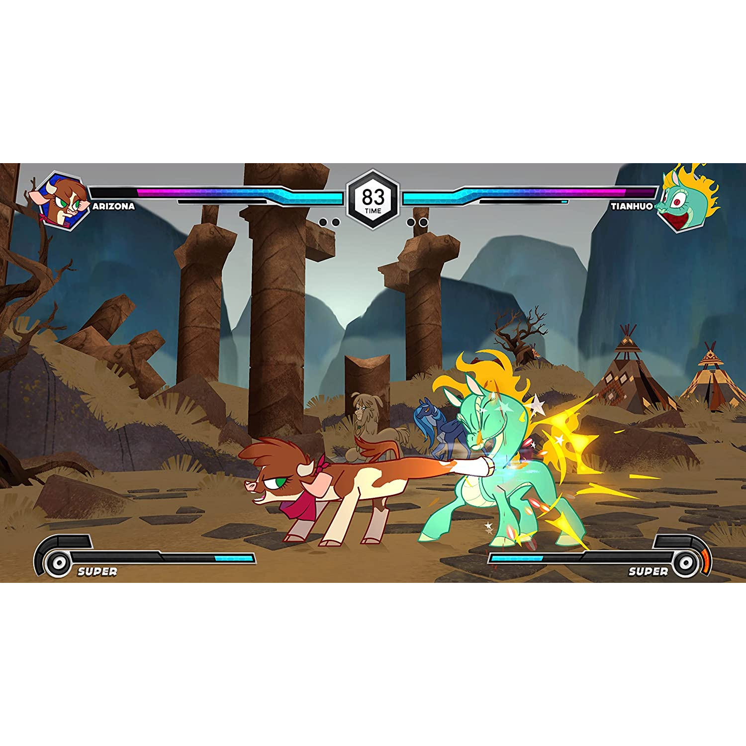 Una pantalla de videojuego muestra a dos personajes de dibujos animados peleando en un paisaje desértico.