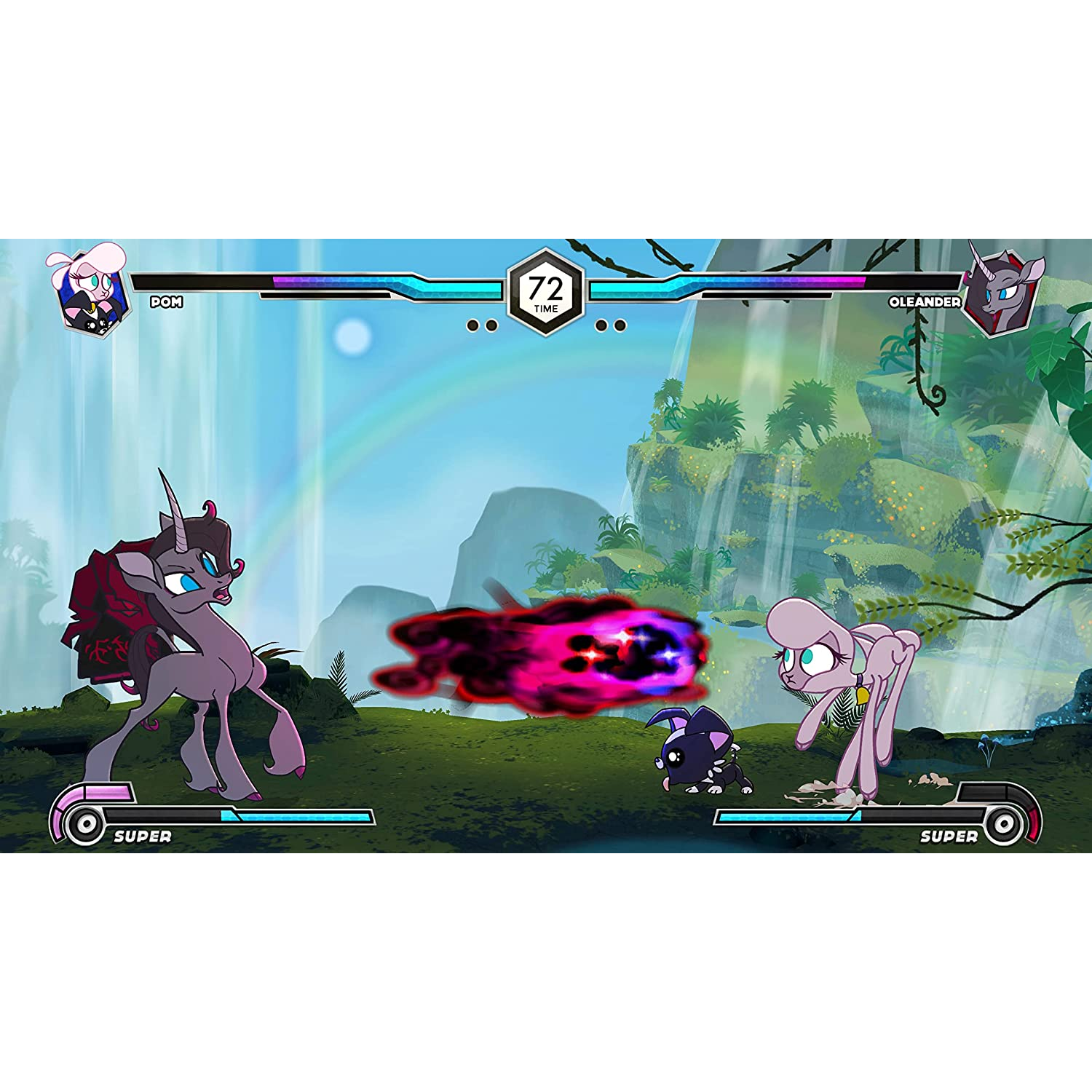 Pantalla de juego con ponis de dibujos animados luchando. Un arcoíris en el fondo.