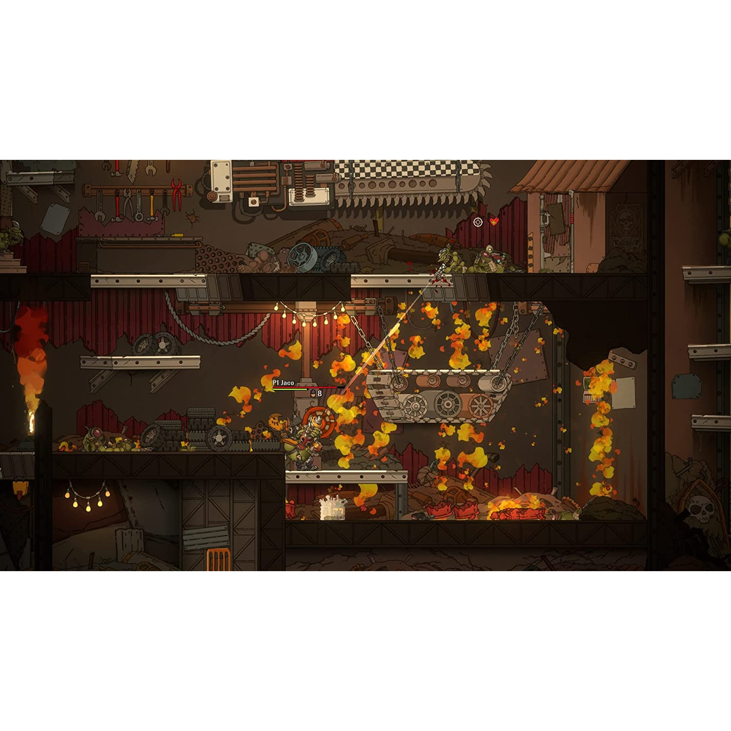 Escena de videojuego con personajes luchando en un entorno de estilo caricaturesco.