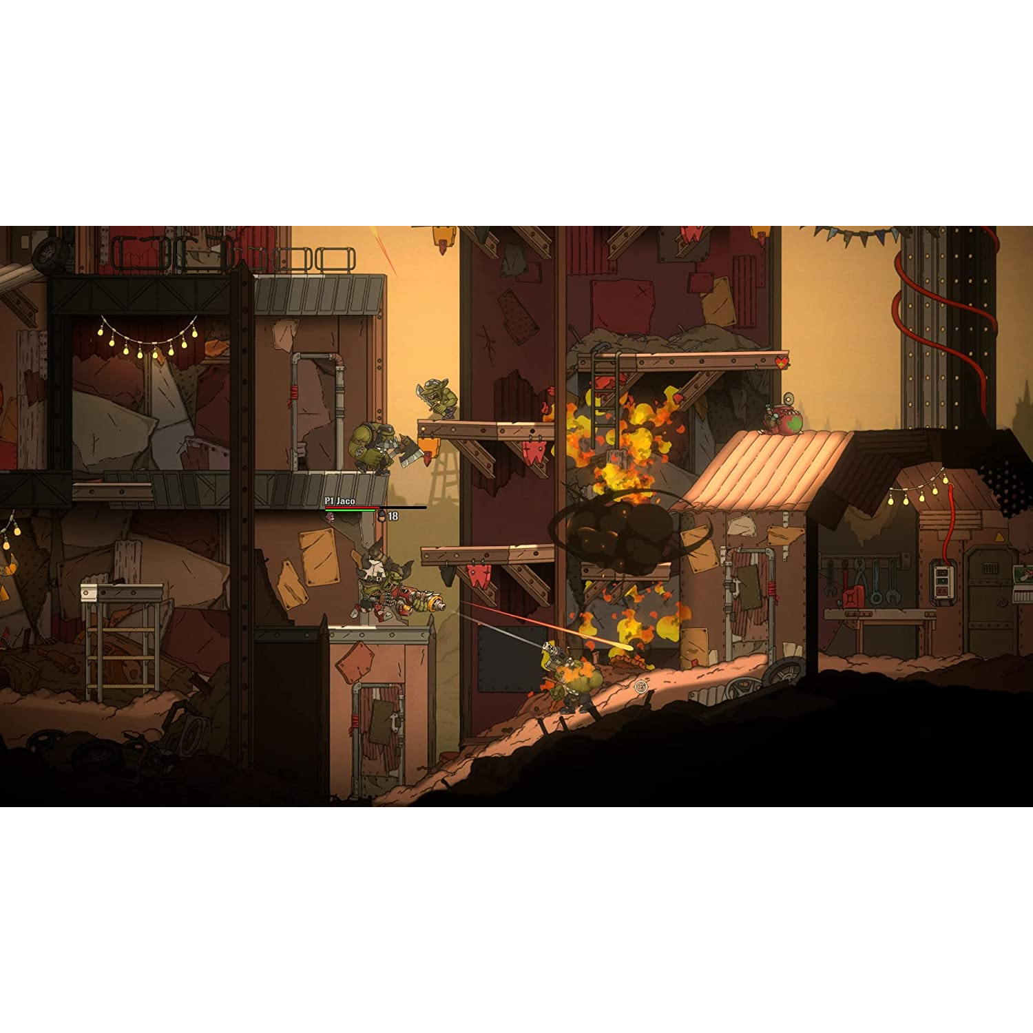 Escena de un juego de desplazamiento lateral. Edificios en ruinas. Los personajes luchan. Hay fuegos y explosiones.