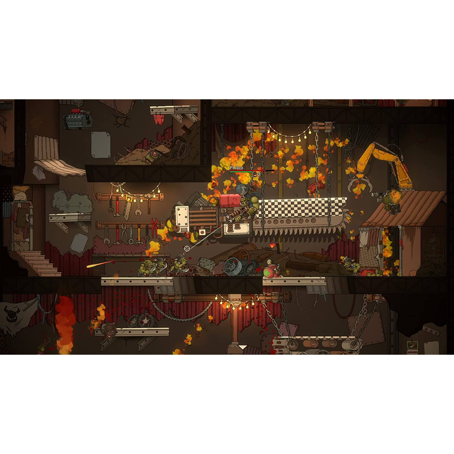 Escena de videojuego. Múltiples niveles con personajes, explosiones y herramientas.