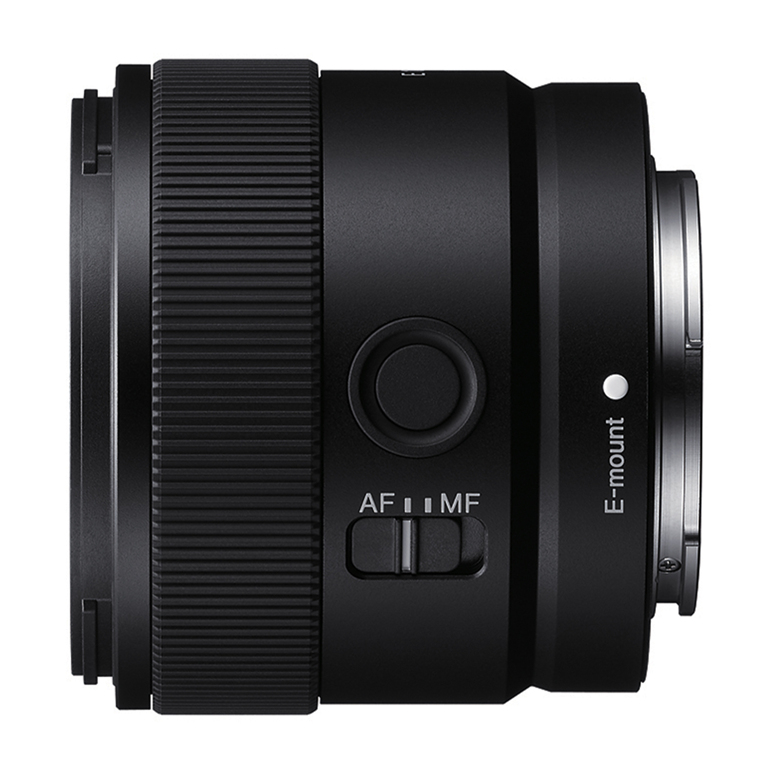 Obiettivo fotocamera nero, vista laterale, con interruttori di messa a fuoco e modalità ed etichetta E-mount.