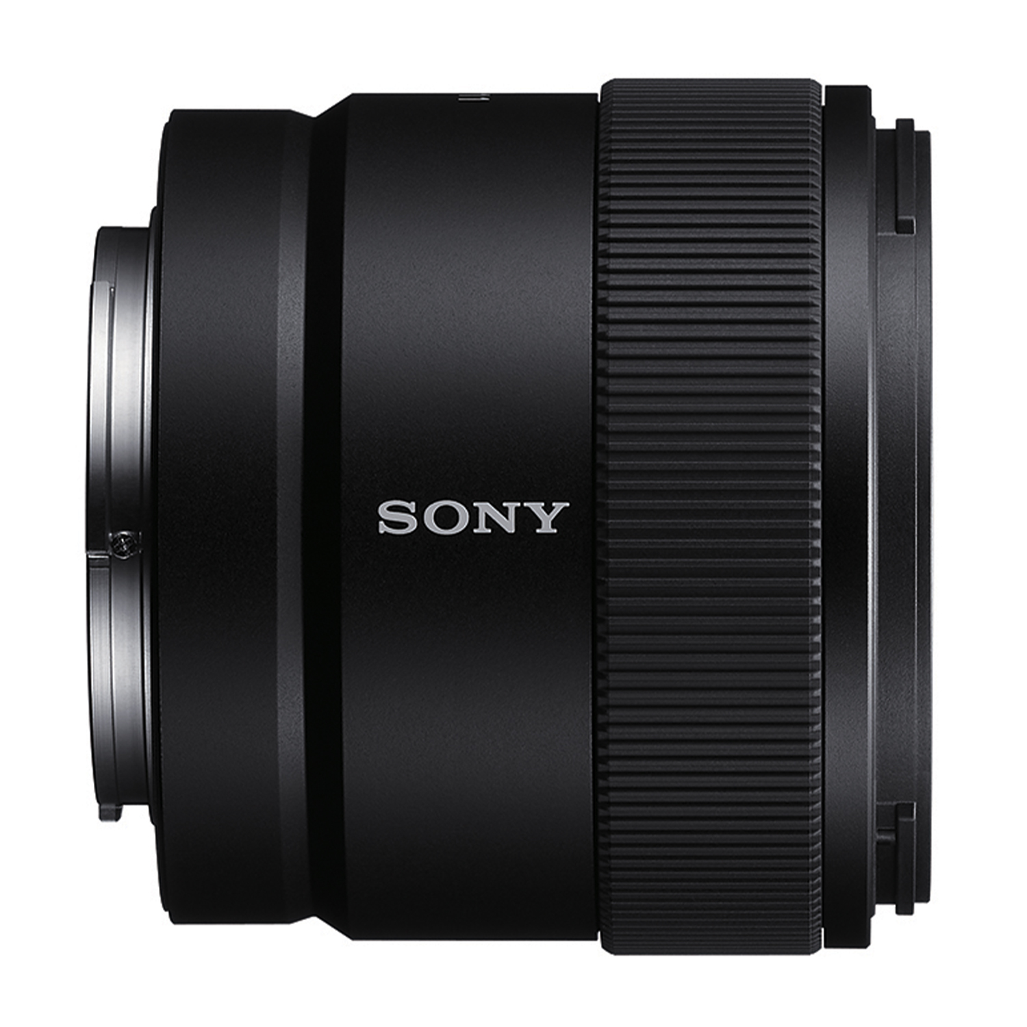 Obiettivo per fotocamera Sony nero, vista laterale.