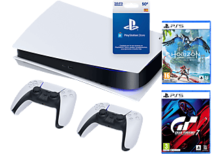 Consola - Sony PS5, 825 GB, 4K, HDR, Blanco + Gran Turismo 7 + Horizon Forbidden West + 2 Mandos DualSense™ + Tarjeta prepago PlayStation Network 50€
