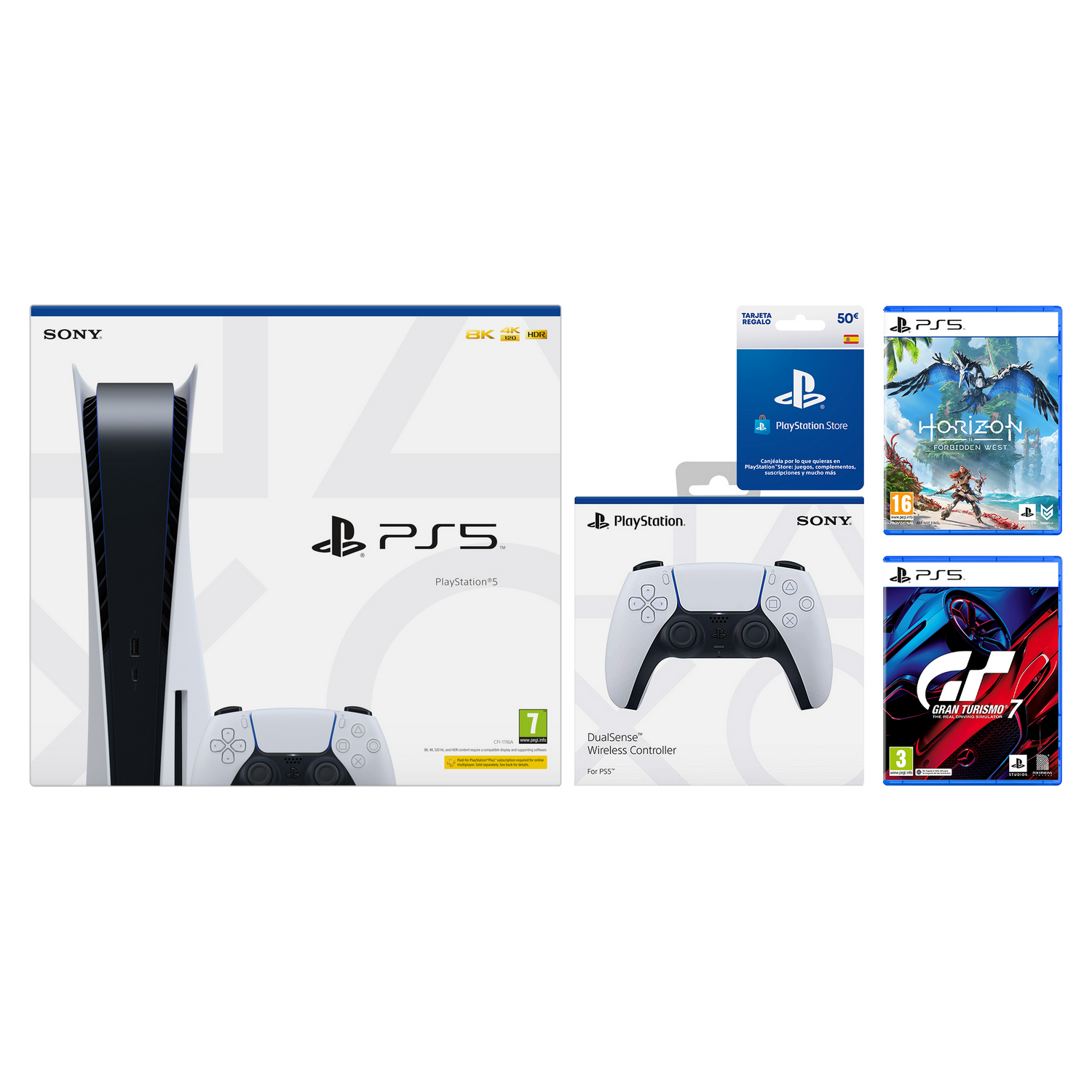 Consola - Sony PS5 Stand B, 825 GB, 4K, HDR, Blanco + Gran Turismo 7 + Horizon Forbidden West + 2 Mandos DualSense  ™ + Tarjeta prepago PS 50€