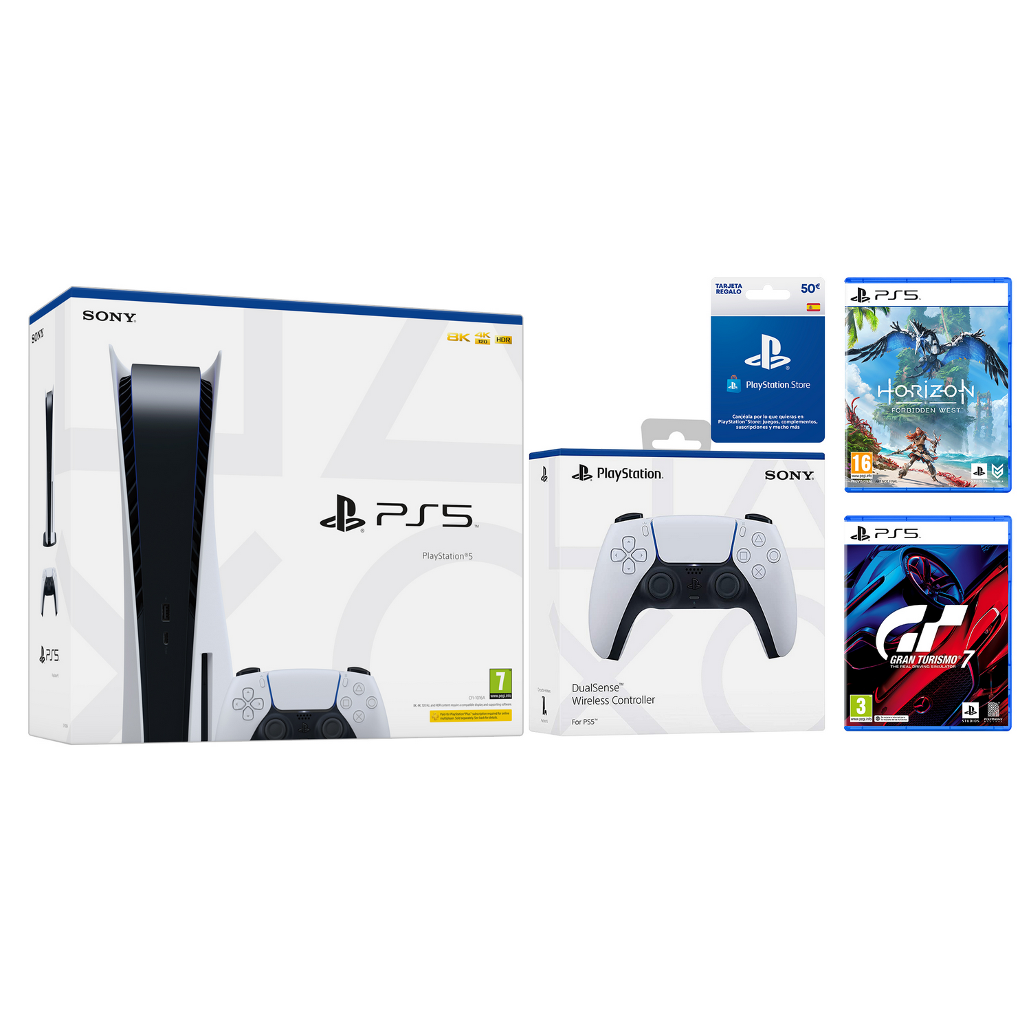 Consola - Sony PS5 Stand B, 825 GB, 4K, HDR, Blanco + Gran Turismo 7 + Horizon Forbidden West + 2 Mandos DualSense™ + Tarjeta prepago PS 50€