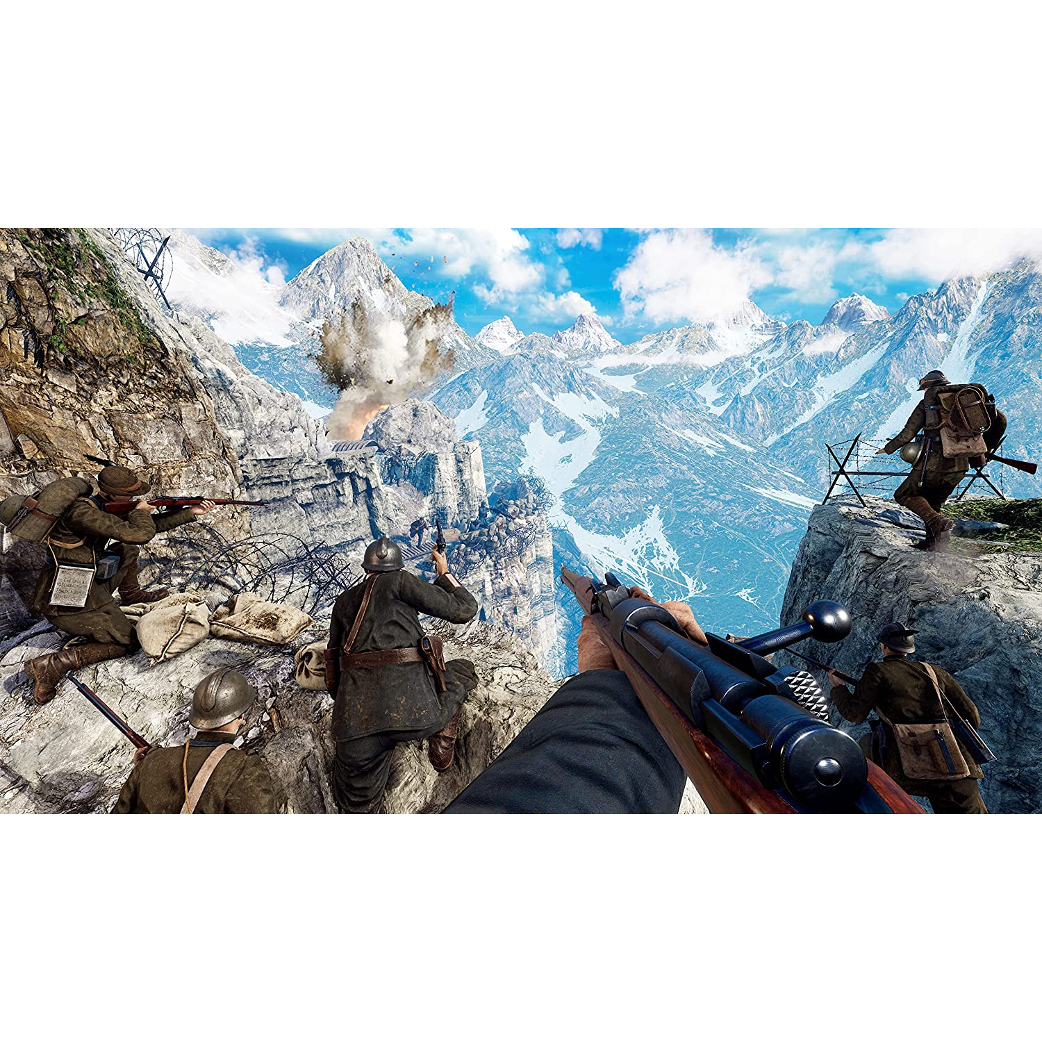 Una vista en primera persona de soldados en un paisaje montañoso nevado. Hay explosiones y disparos.