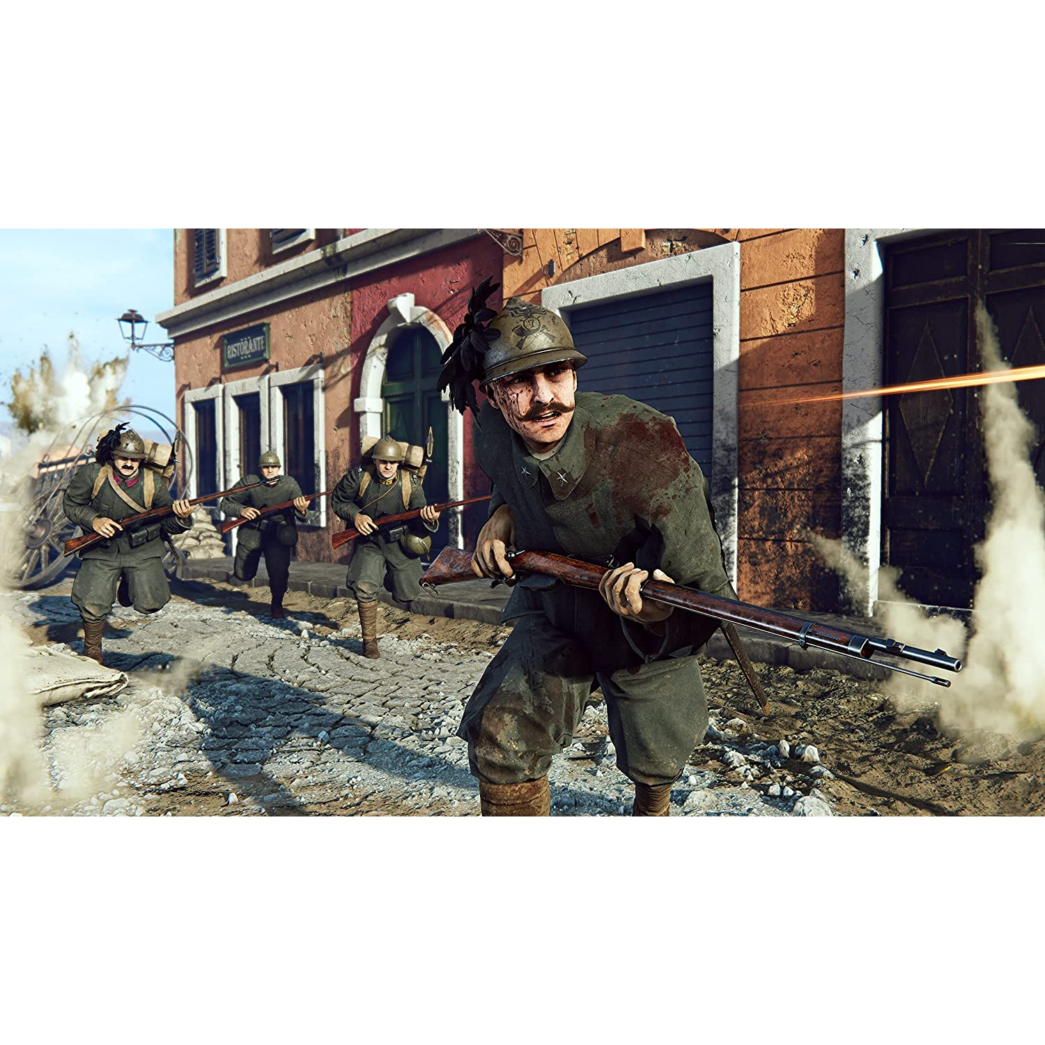 Soldados corriendo en una escena de guerra, humo y edificio de fondo, rifles en la mano.