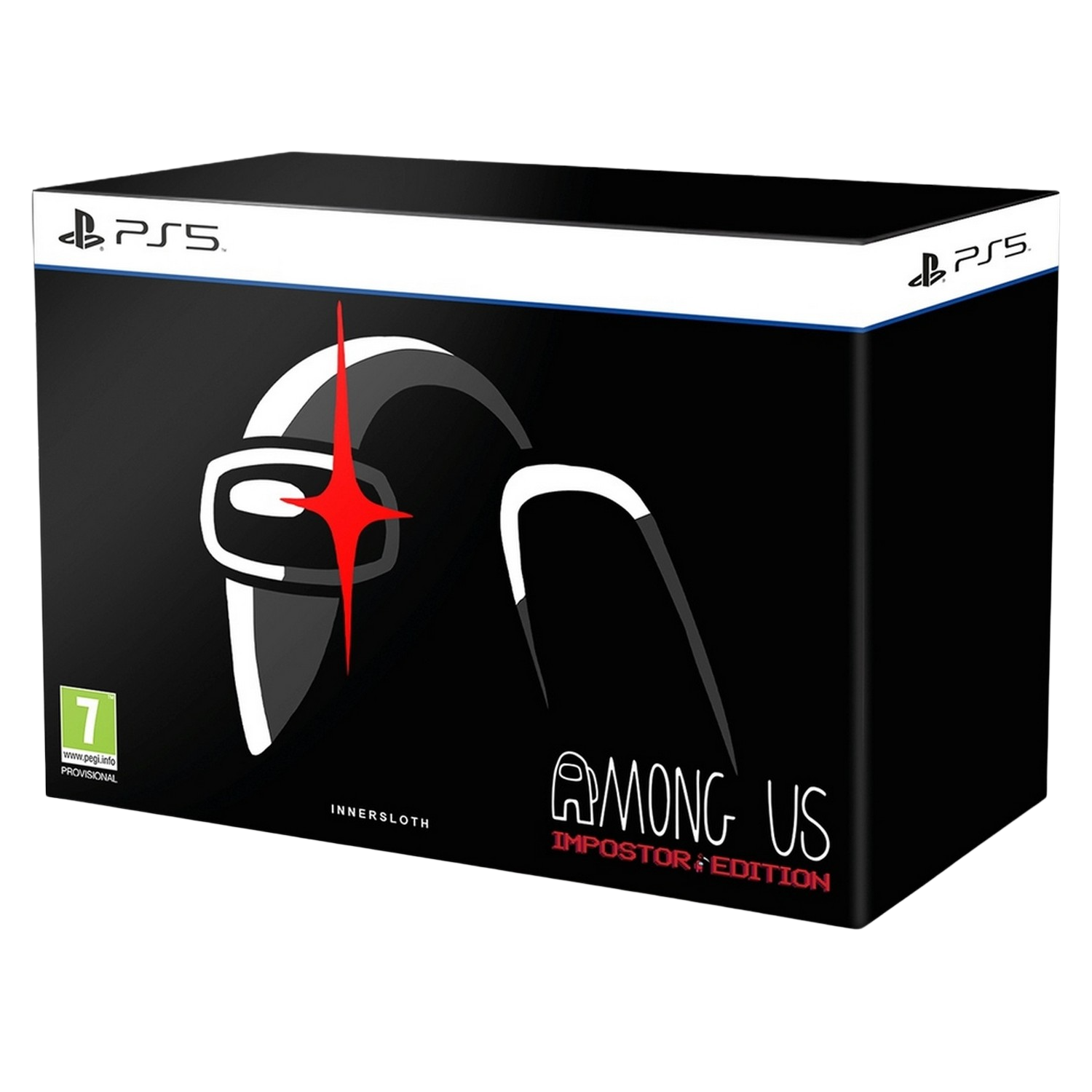 Caja del juego Among Us Impostor Edition, negra con gráfico del impostor rojo y logo de PS5.