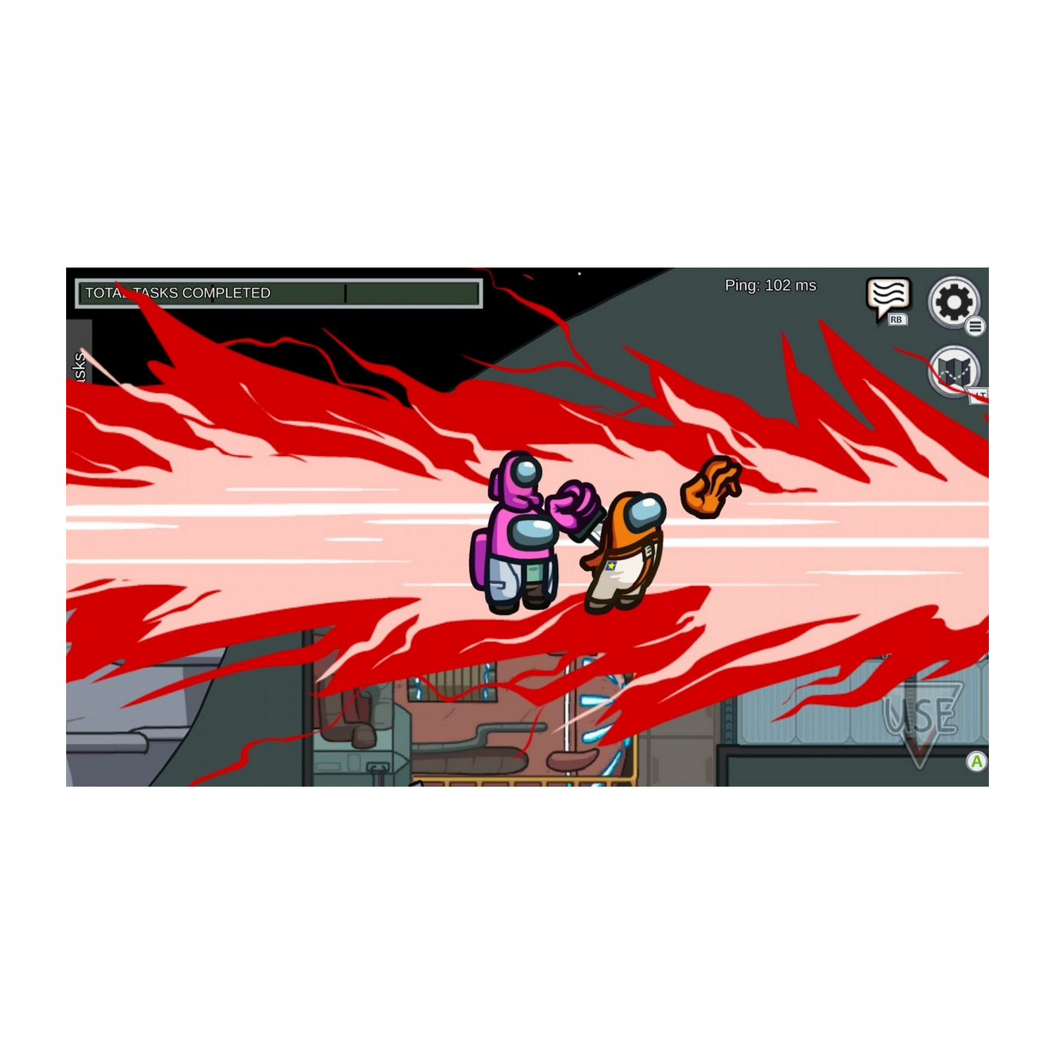 Escena del juego Among Us. Dos figuras, una rosa, otra naranja, con efecto de rayo láser rojo y elementos UI.