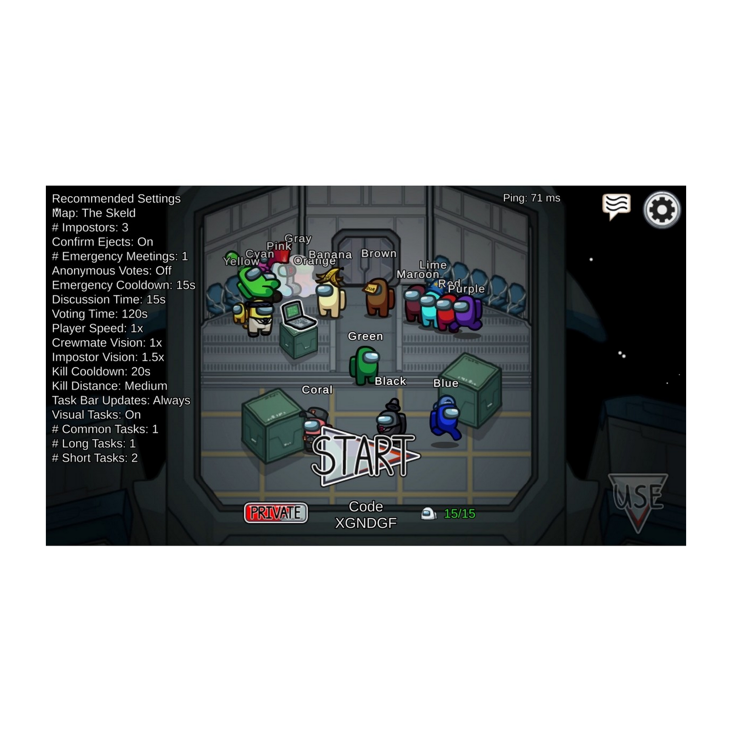 Pantalla del juego Among Us con múltiples personajes, información de configuración y texto sobre fondo negro.
