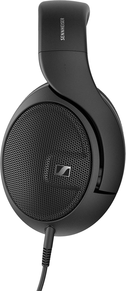 Fekete Sennheiser fejhallgató, oldalnézet, kábellel.