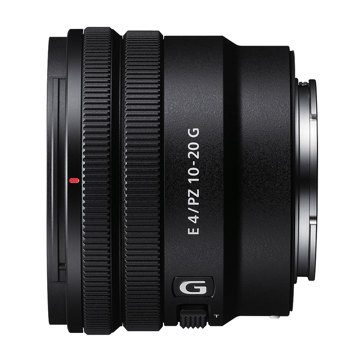 Un obiettivo per fotocamera nero con la scritta 'E 4/PZ 10-20 G' sul lato.