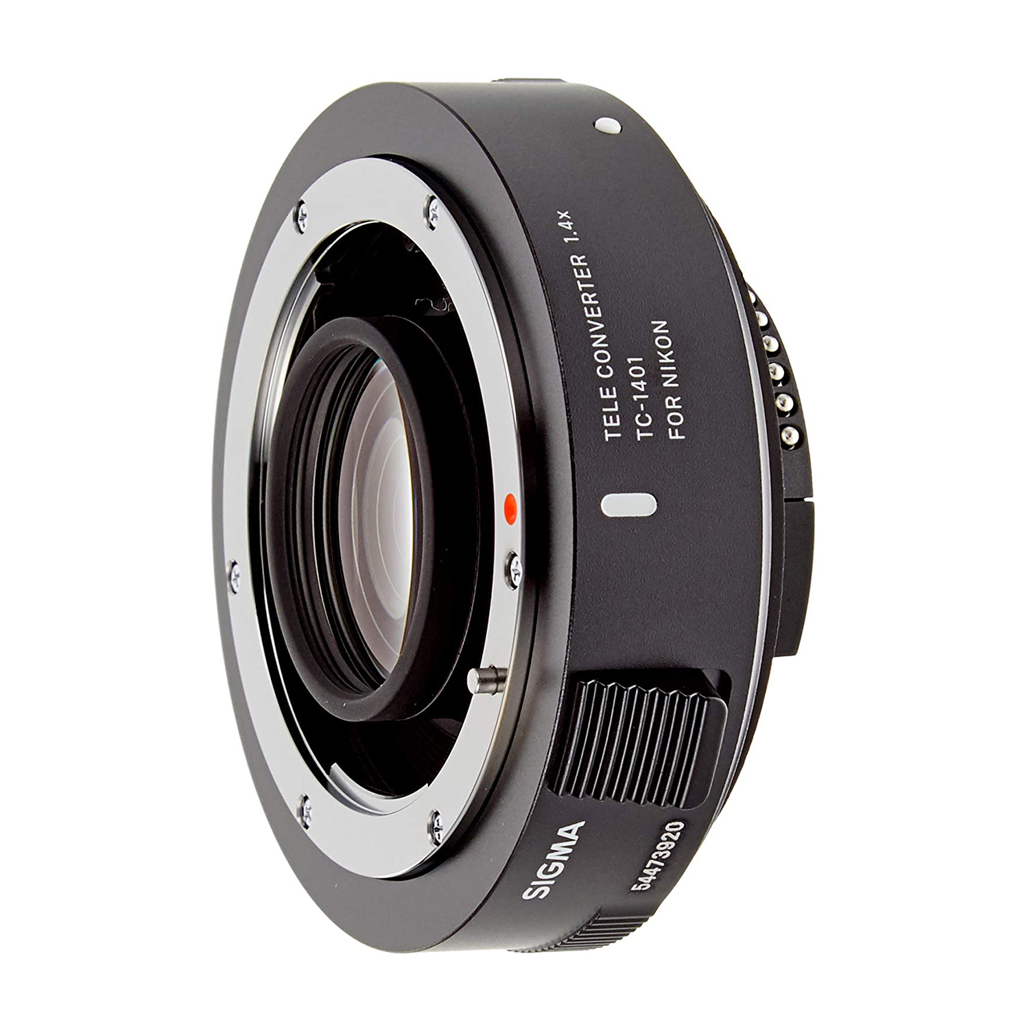 Adattatore per obiettivo della fotocamera nero con punto rosso e testo. Dispone di un'apertura per l'obiettivo. Sfondo bianco.