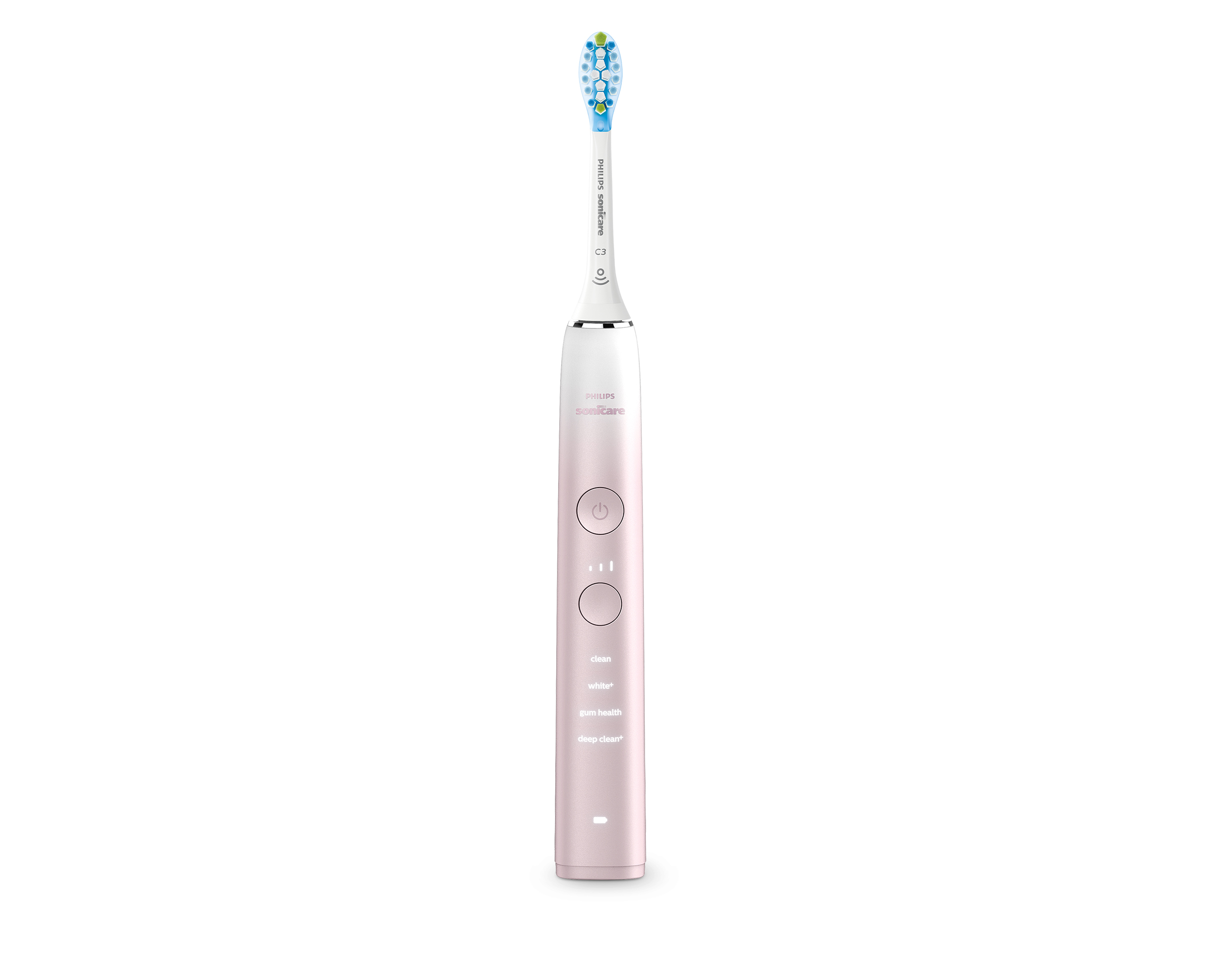 Brosse à dents électrique Philips Sonicare rose, debout, avec commandes visibles.