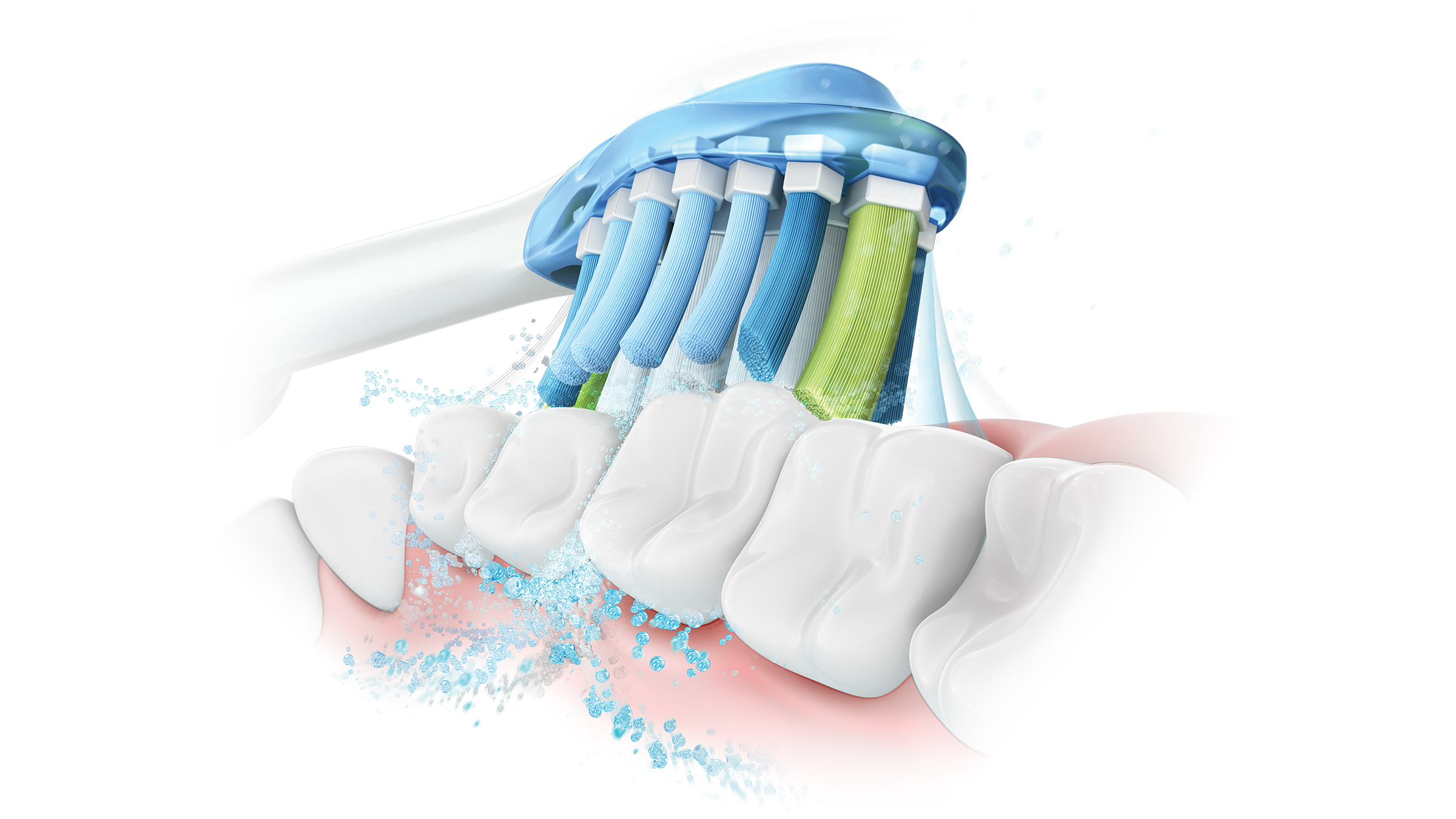 Gros plan sur des dents nettoyées avec une brosse à dents. Jet d'eau et dents blanches.