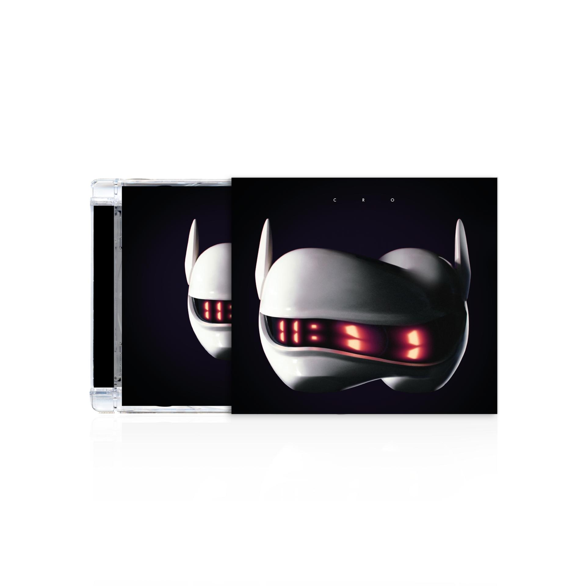 CD-Cover für "C.R.O." von Cro. Ein weißes Robotergesicht mit rot leuchtenden Augen und schwarzem Hintergrund.
