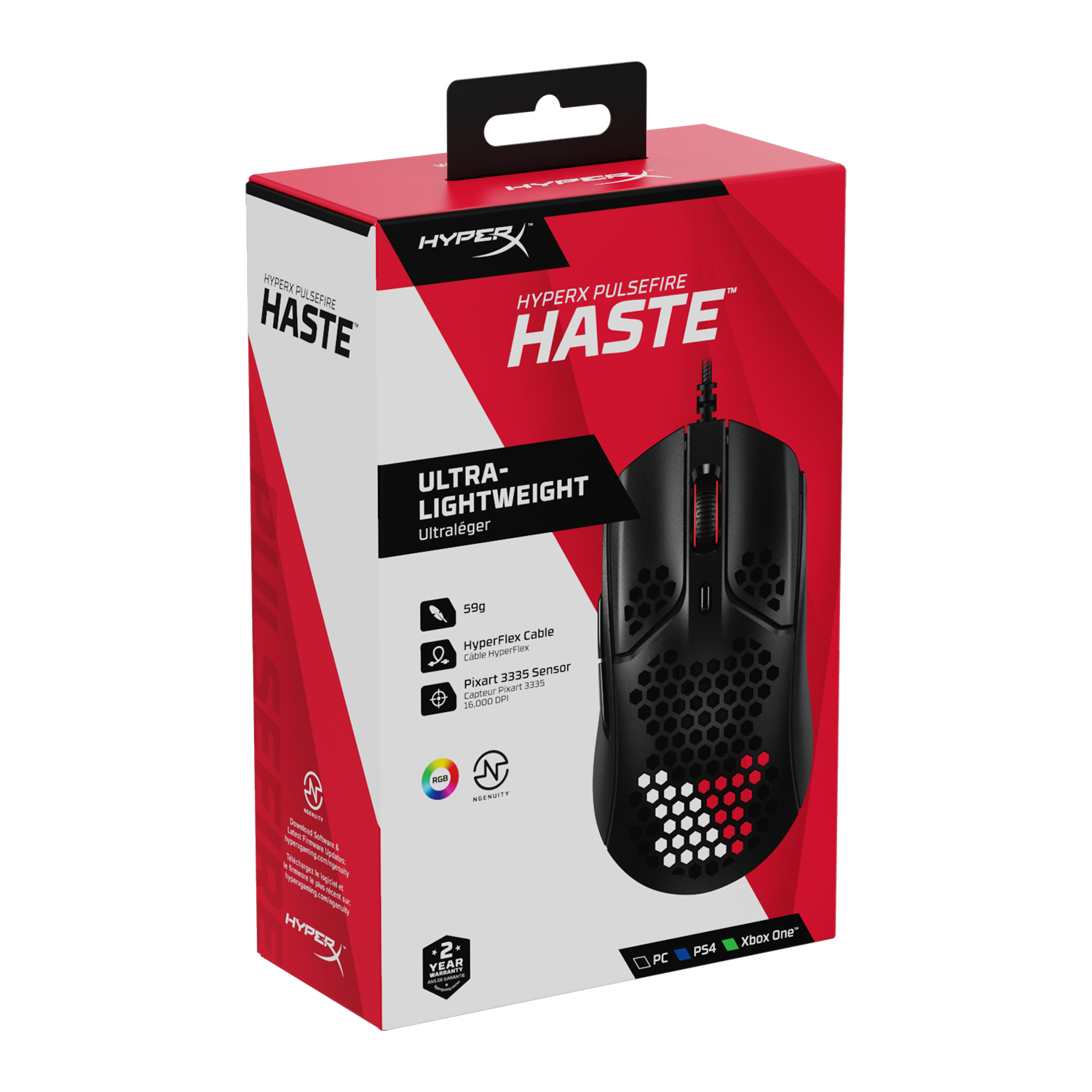Siyah bir fare ile kırmızı ve siyah bir HyperX oyun faresi kutusu.