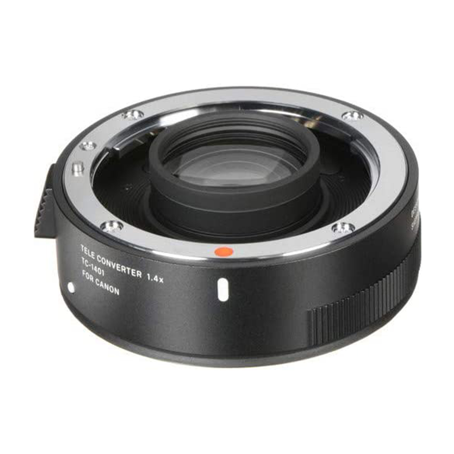 Obiettivo teleconverter nero con anelli argentati e marcature. Ha un punto rosso e il testo 'CANON'.