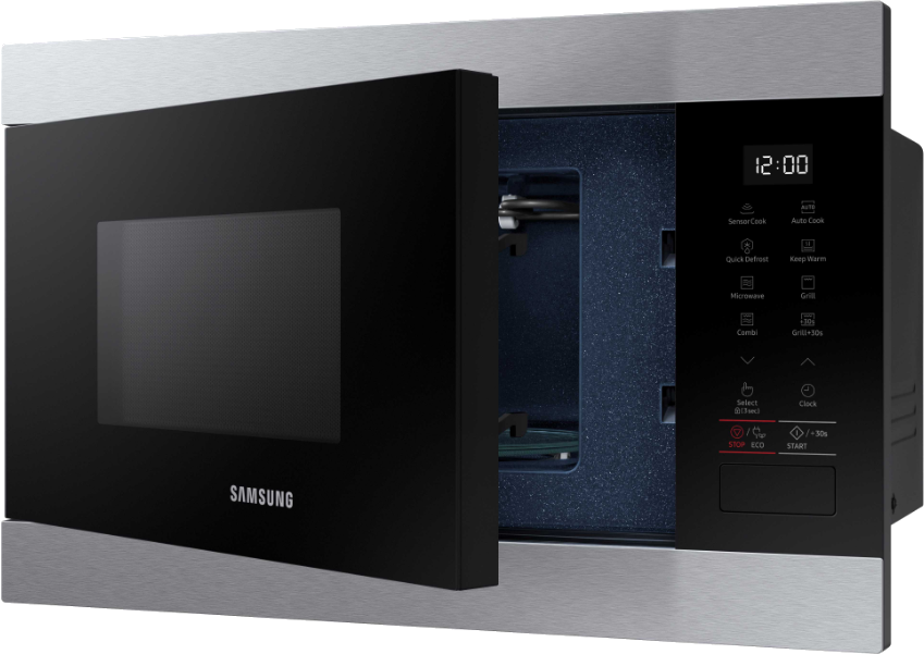 A microwave oven with the door open. The interior is dark with a glass plate inside and a display panel.