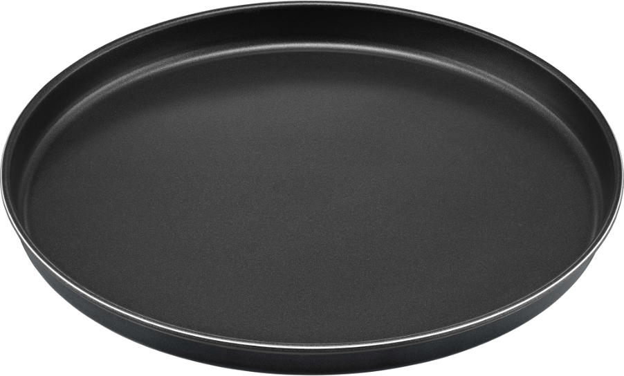 Round black baking tray, empty, with a silver edge.