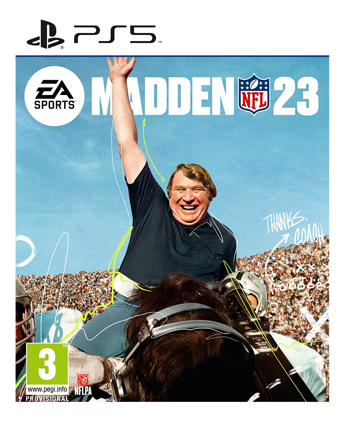 Madden NFL 23-Spielcover. Mann auf Schultern, Arm gehoben. Menschenmenge im Hintergrund.