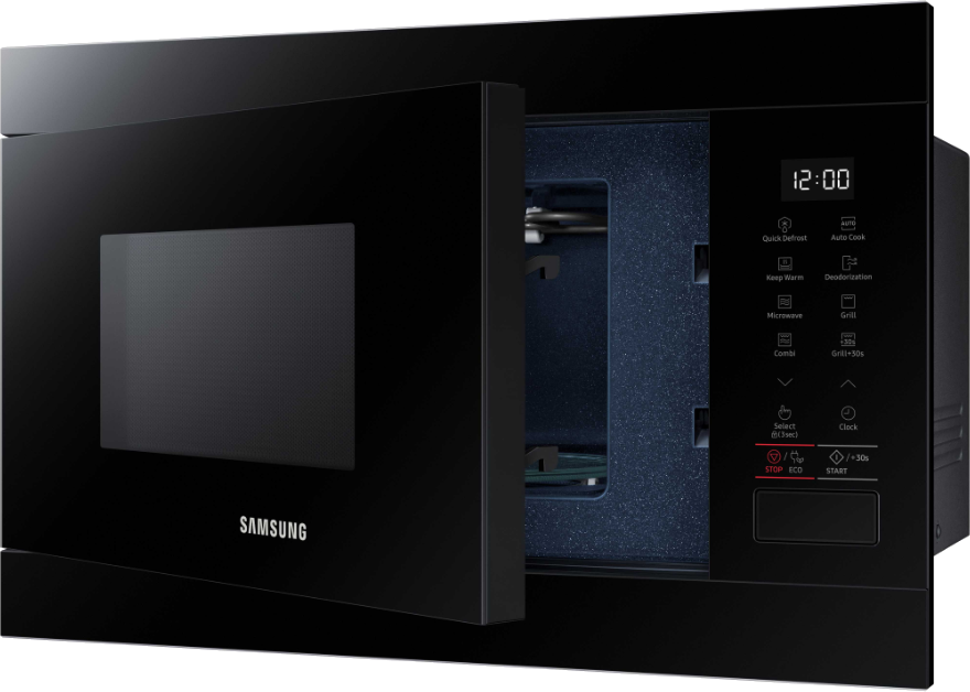 Black Samsung microwave oven with open door, displaying the interior.