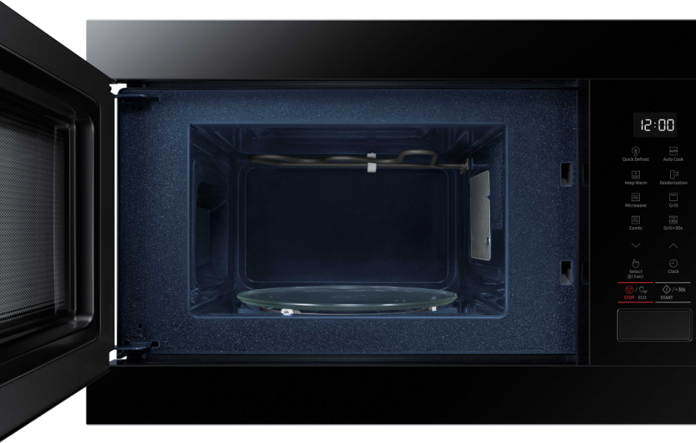 Microwave interior view, open door. Glass plate visible, dark interior.