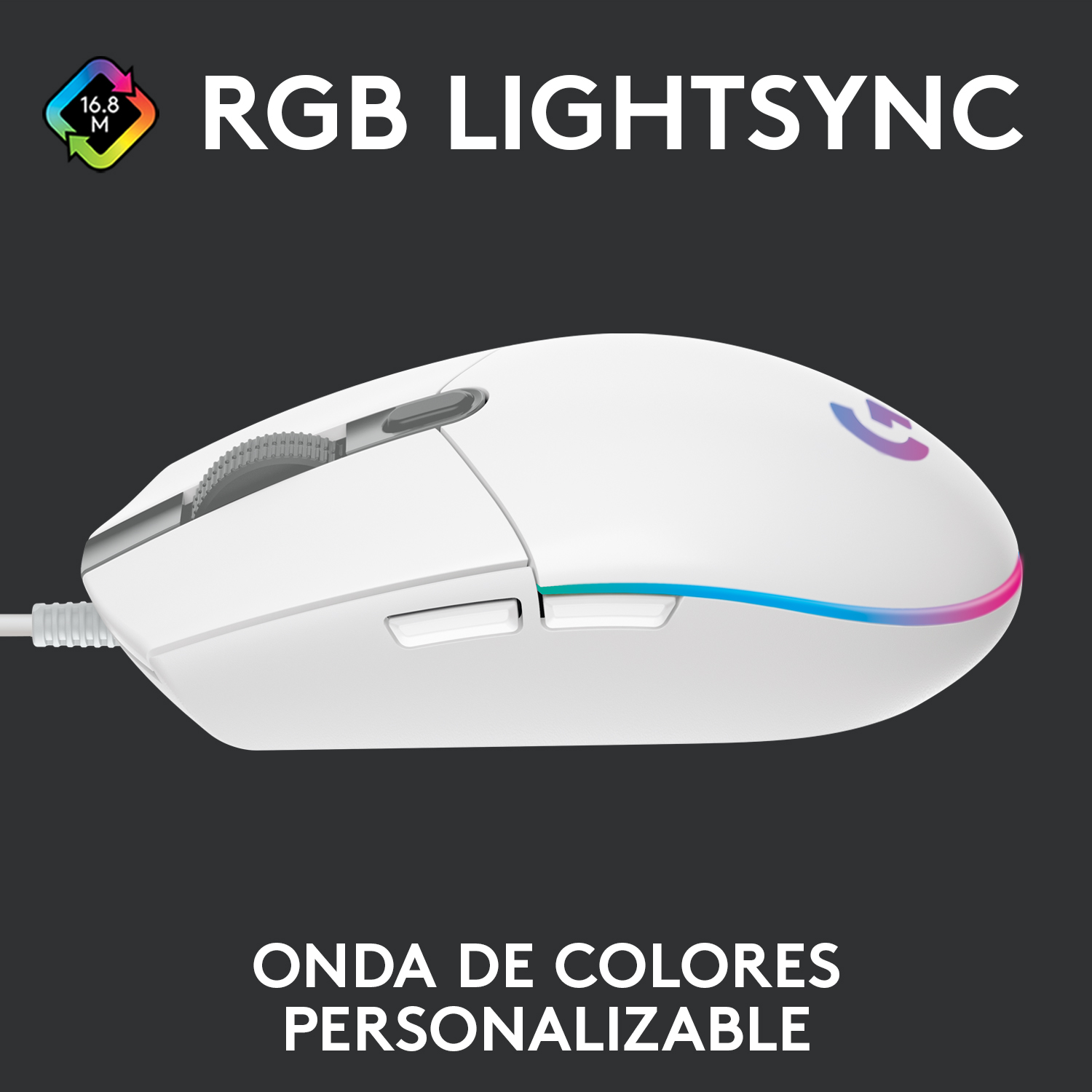 Ratón para juegos Logitech blanco con iluminación RGB.