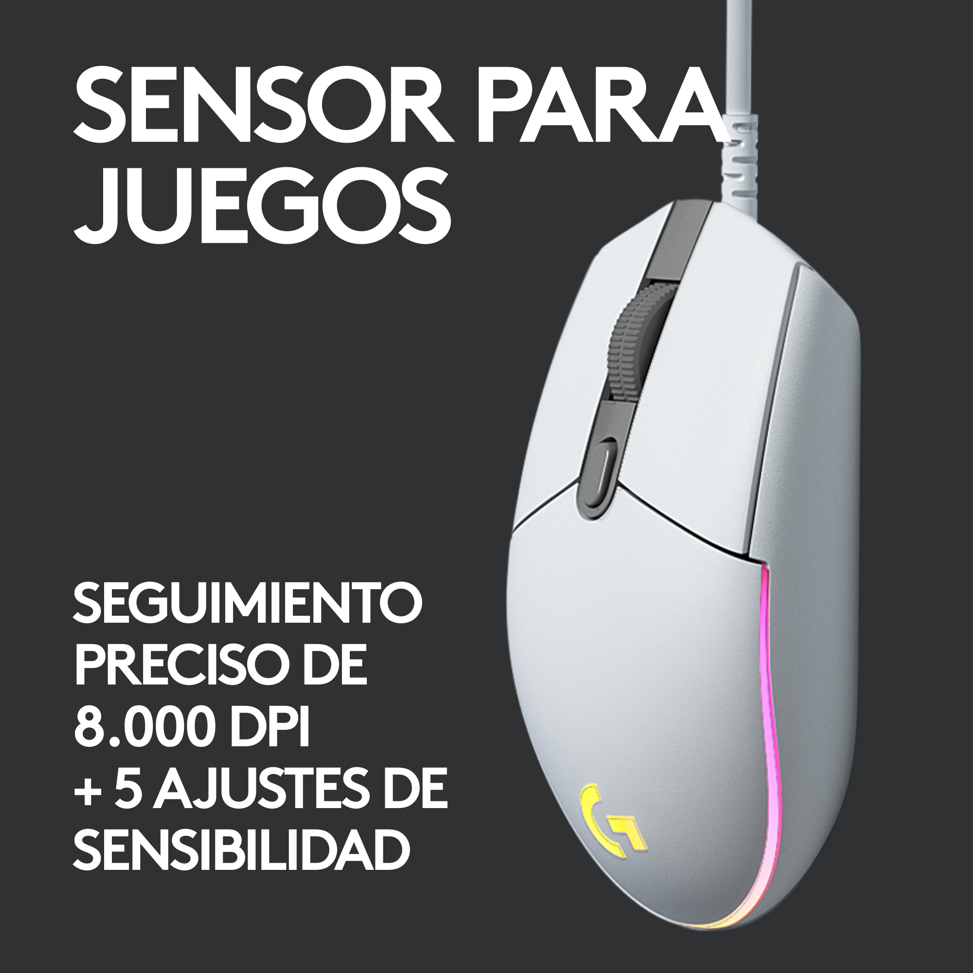 Ratón gaming blanco con logo 'G' brillante. Texto en español: 'SENSOR PARA JUEGOS'.