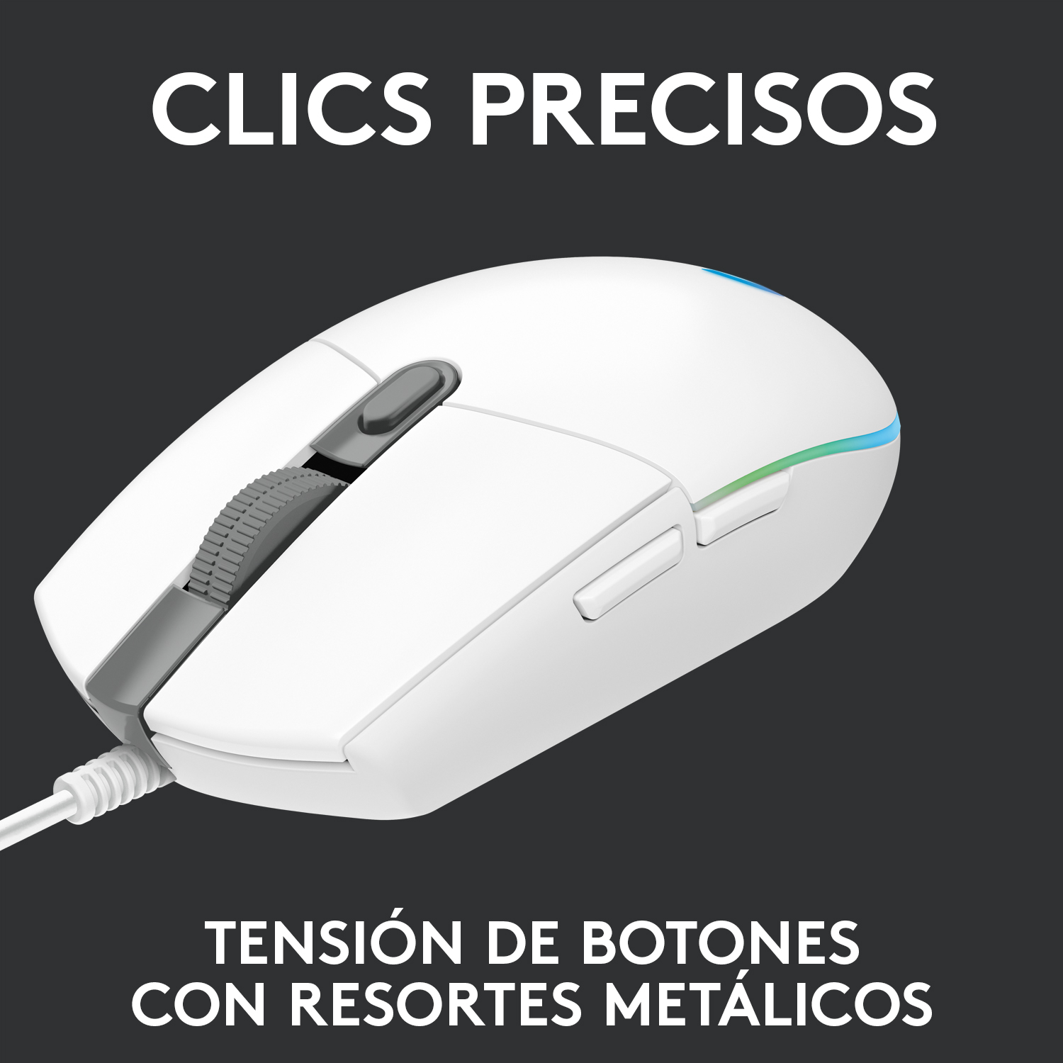 Ratón gaming Logitech blanco con rueda gris y luces de color. Texto: clics precisos.