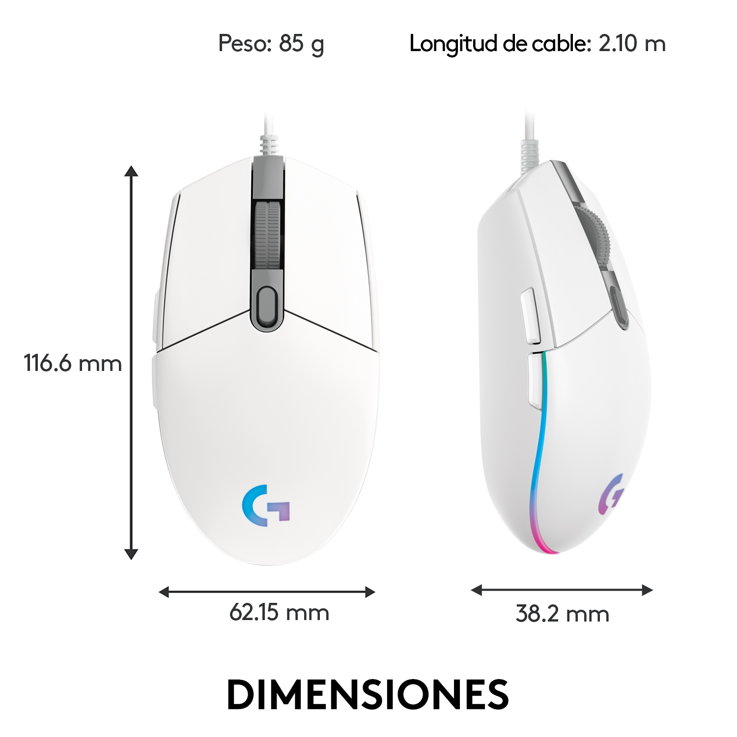 Ratón de ordenador blanco de Logitech, con dimensiones. Muestra vista superior y lateral.