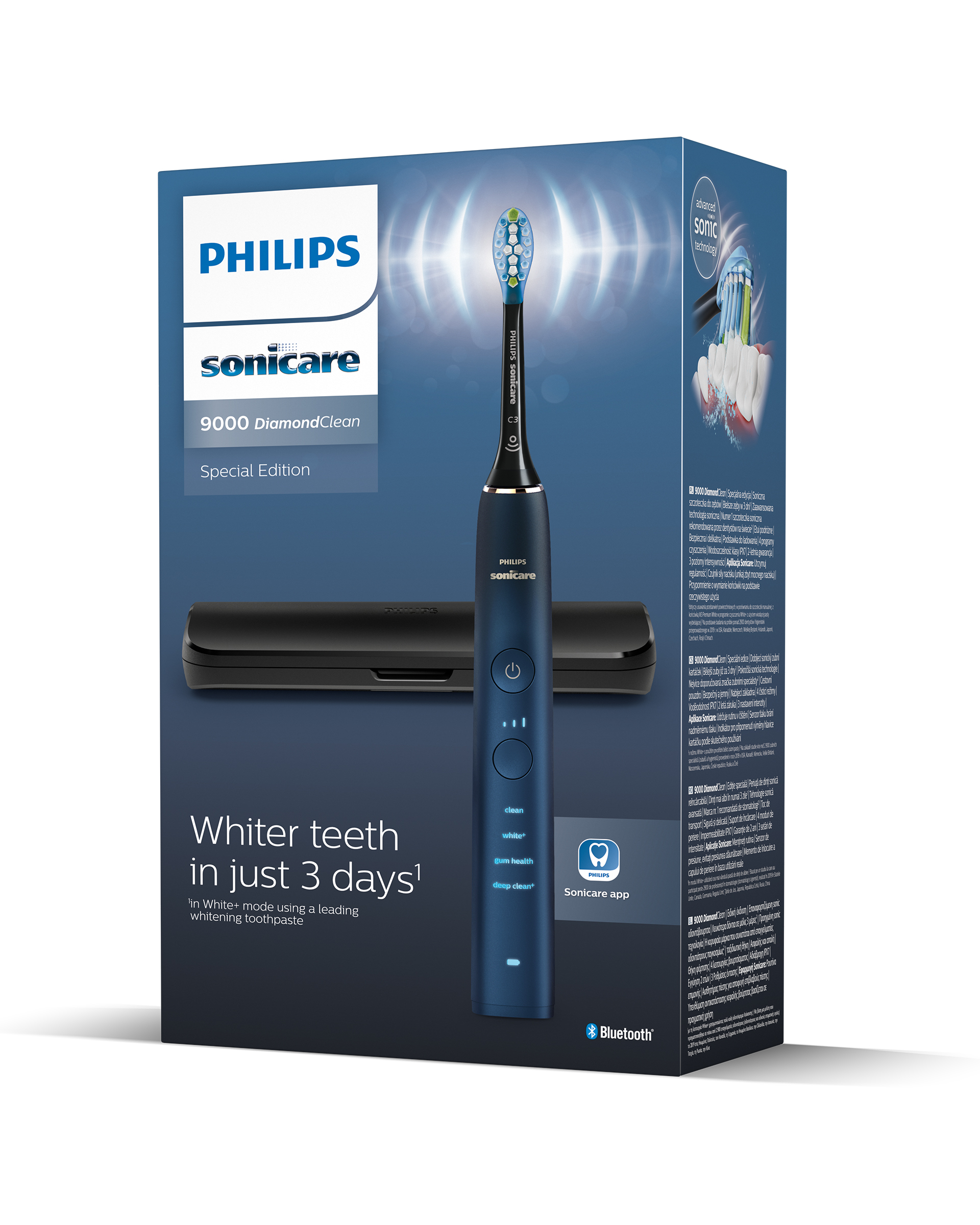 Brosse à dents électrique Philips Sonicare, dans une boîte avec un étui de voyage, sur fond blanc.