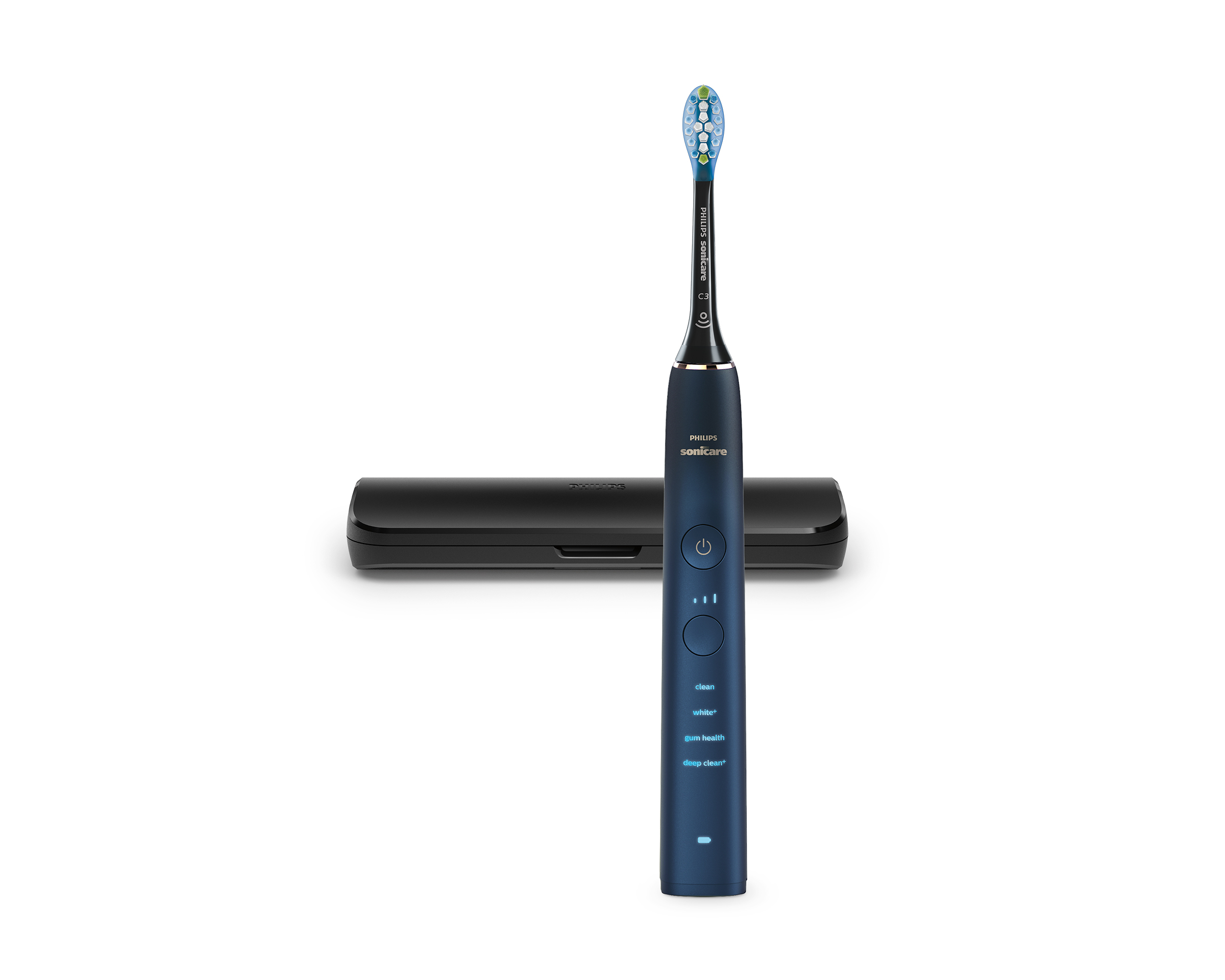 Une brosse à dents électrique et son étui. La brosse est bleu marine avec des accents blancs.