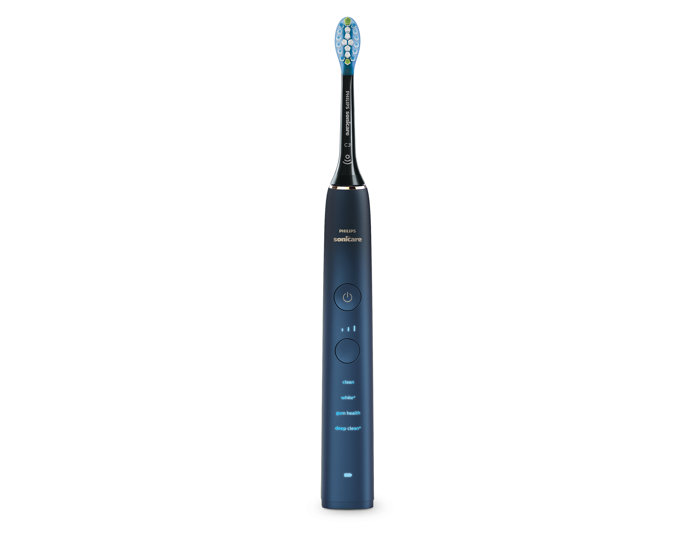 Brosse à dents électrique bleue et noire avec plusieurs boutons de fonction.