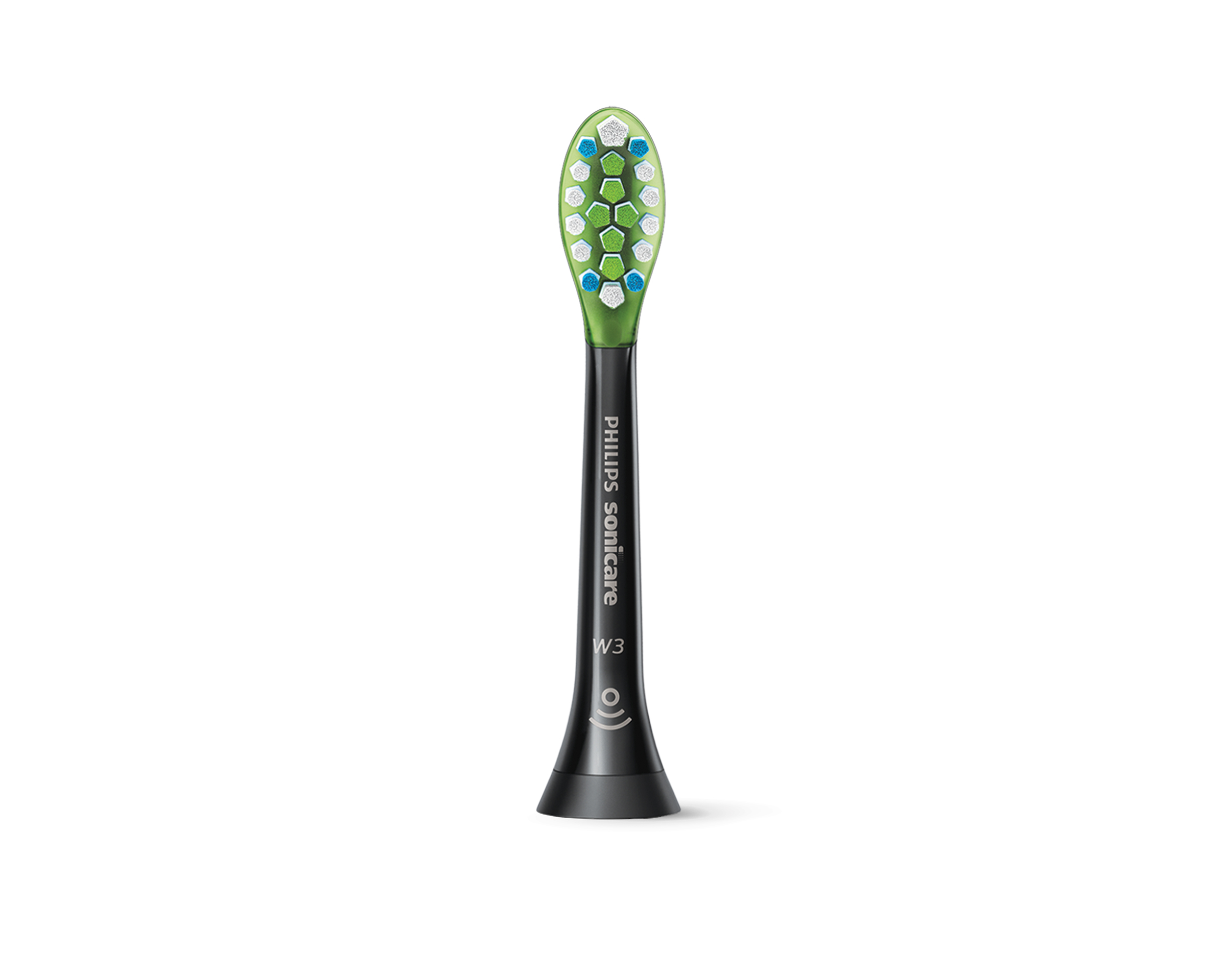 Gros plan sur une tête de brosse à dents Philips Sonicare avec des poils verts et blancs sur fond blanc.