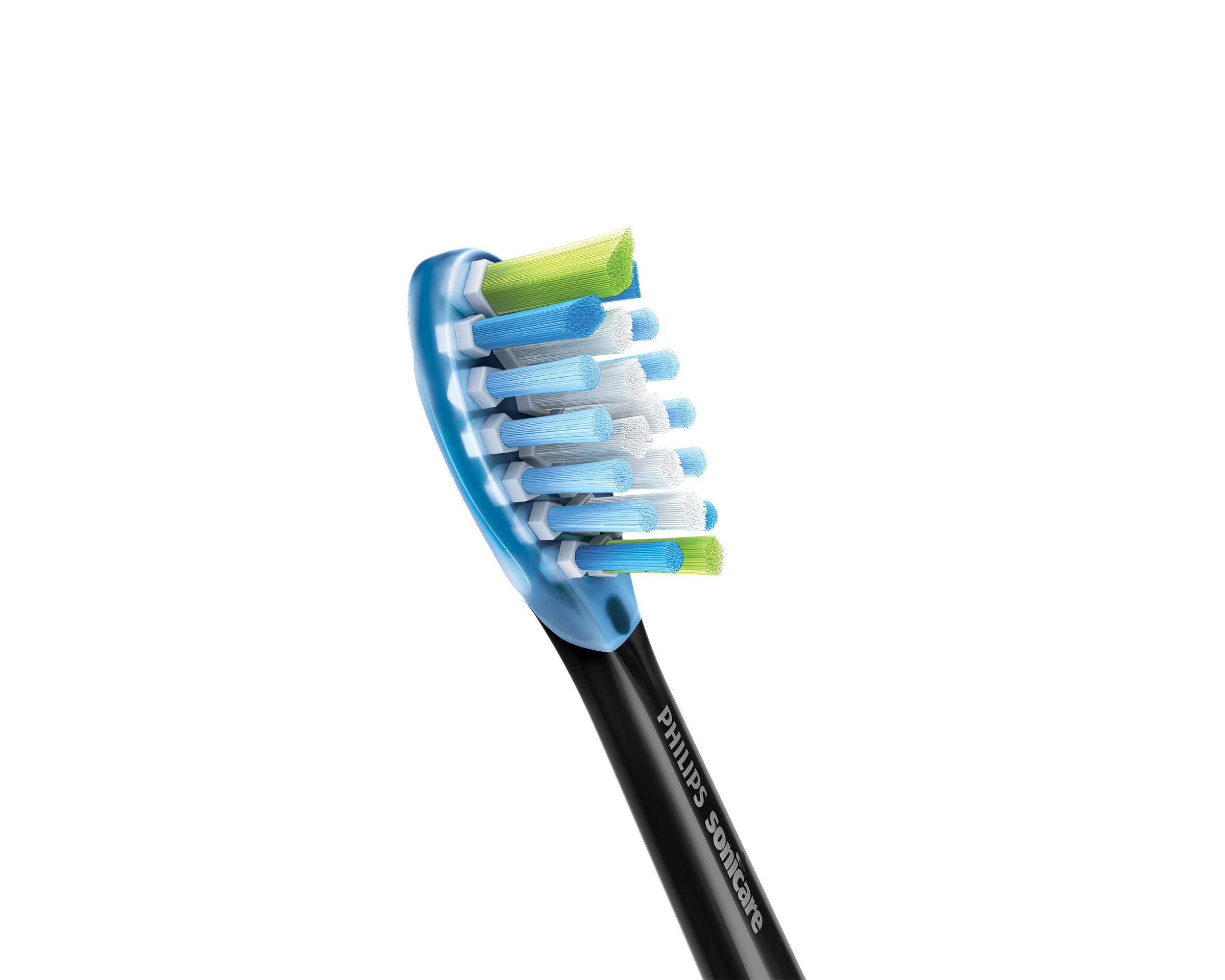 Gros plan sur la tête d'une brosse à dents Philips Sonicare avec des poils bleus, blancs et verts.