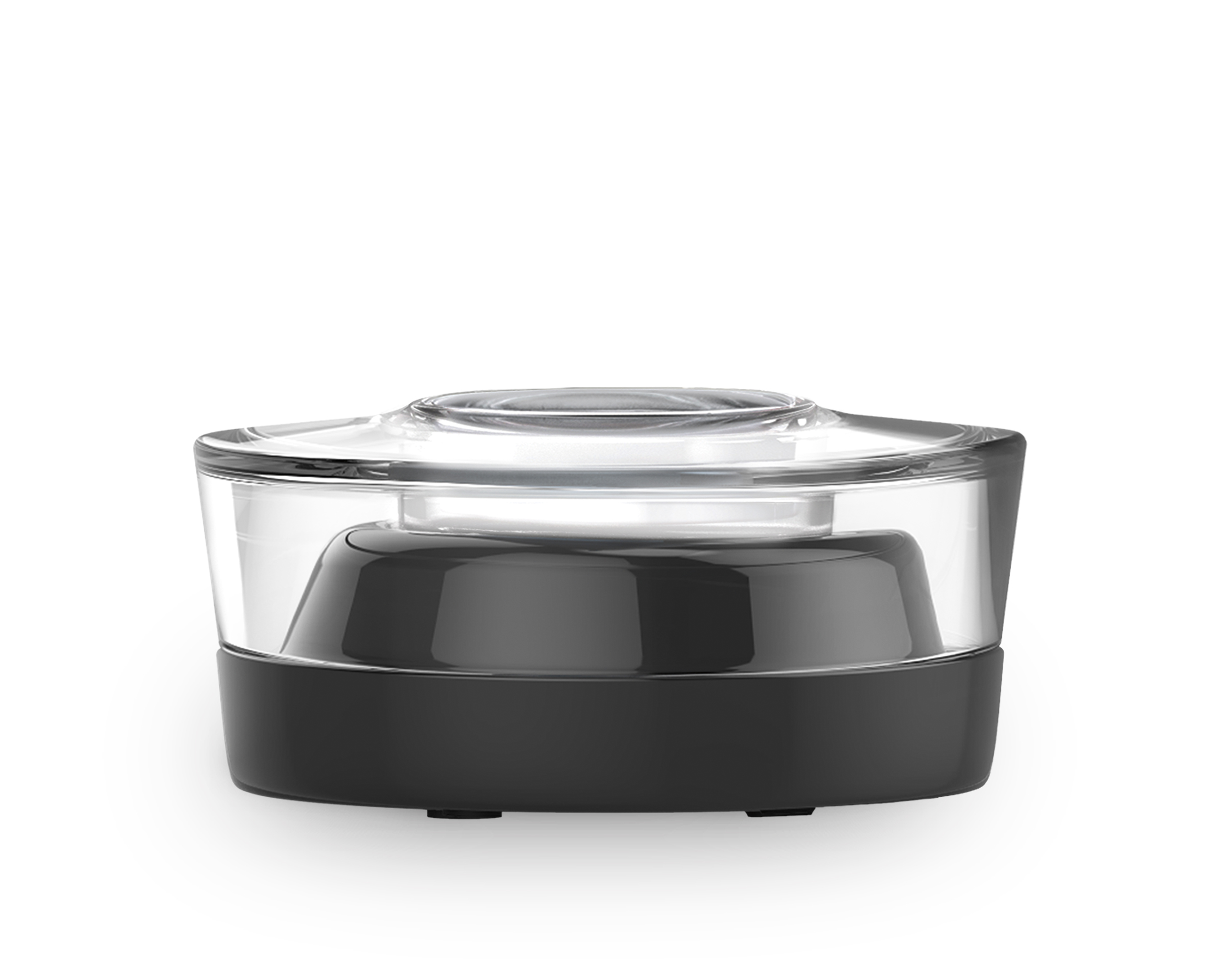 Purificateur d'air en verre noir et transparent sur fond blanc. Forme cylindrique.