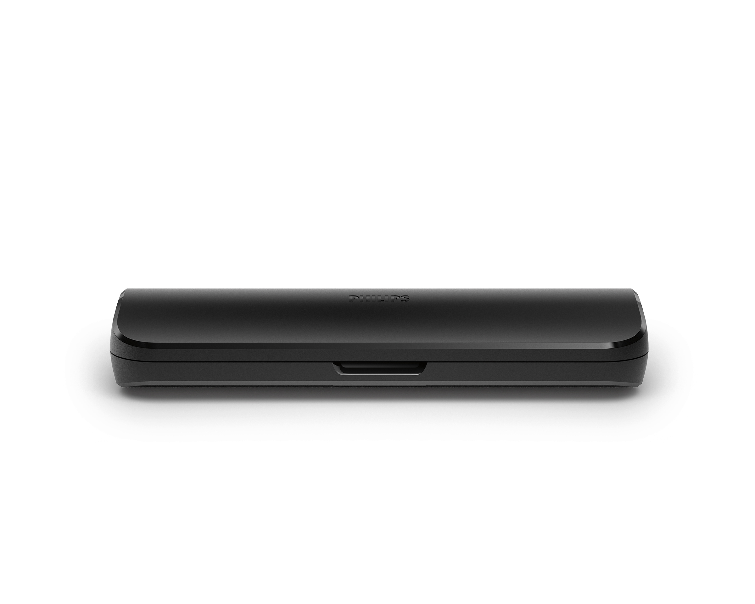Un étui noir et rectangulaire, peut-être pour un appareil, est présenté sur un fond blanc.