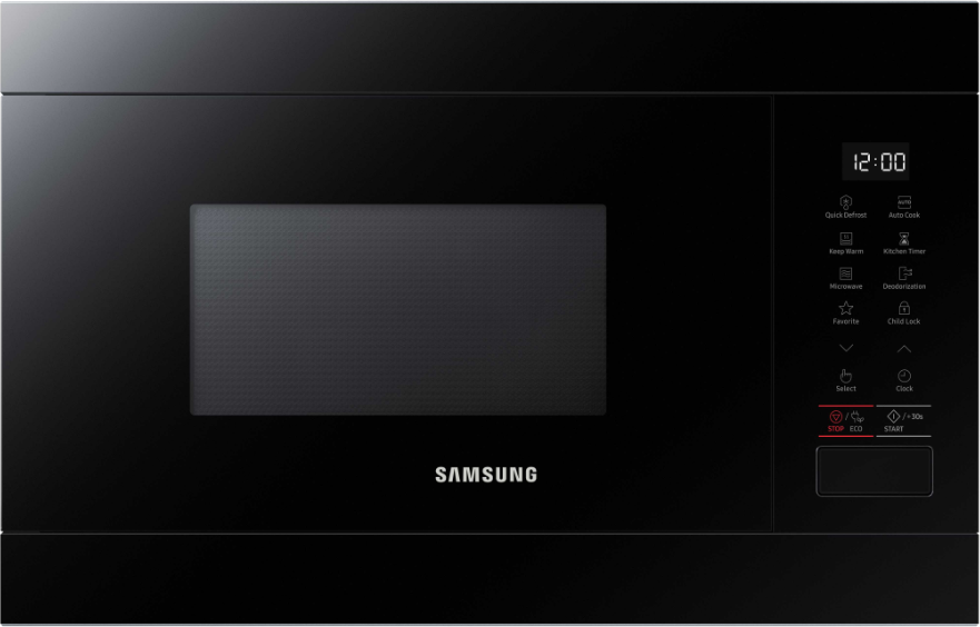 Zwarte Samsung magnetron met digitaal display en knoppen.