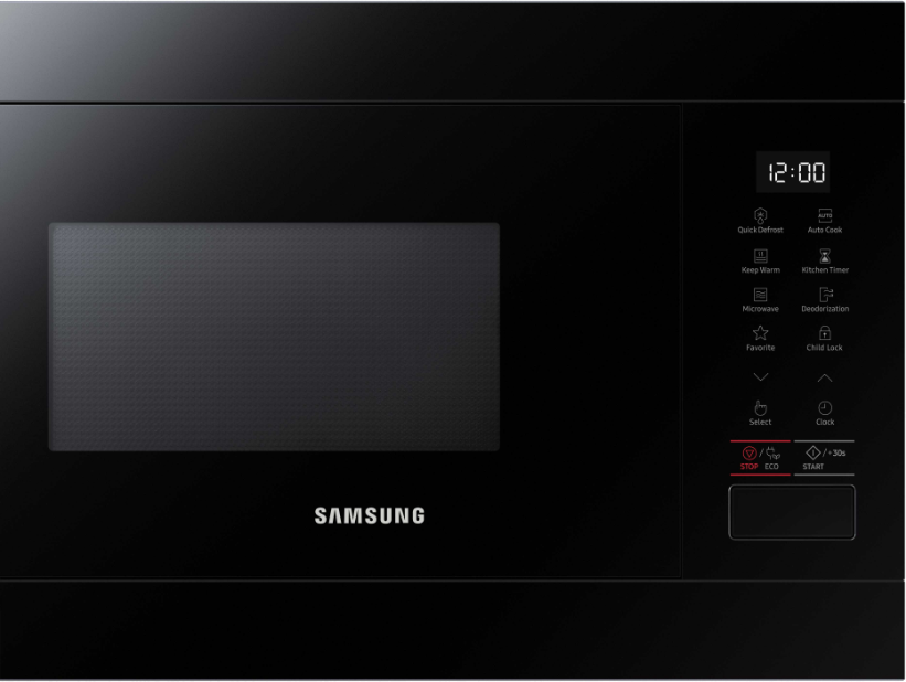 Zwarte Samsung magnetron met een digitale klok en bedieningspaneel aan de rechterkant.